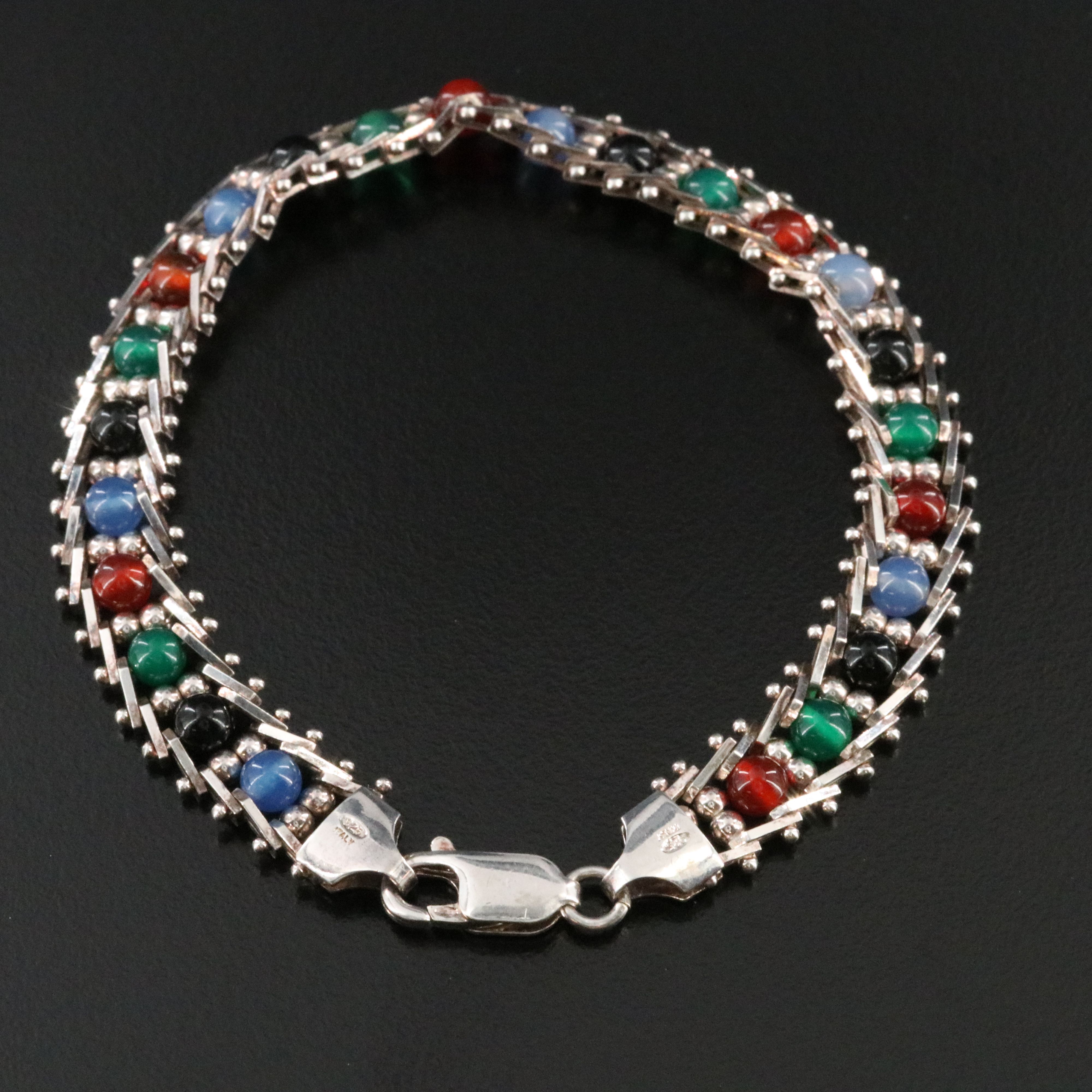 Sterling Black Onyx, Chalcedony, and Carnelian Bead Bracelet