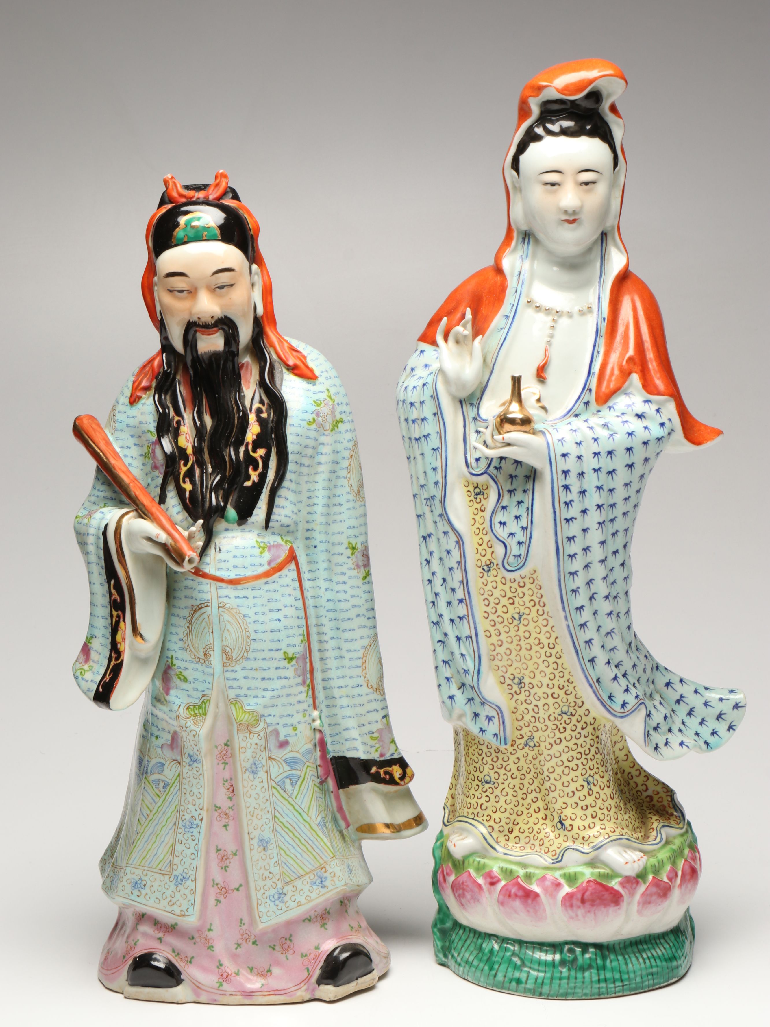 Chinese Famille Rose Guanyin and Fu Xing with Japanese Woman Figurine