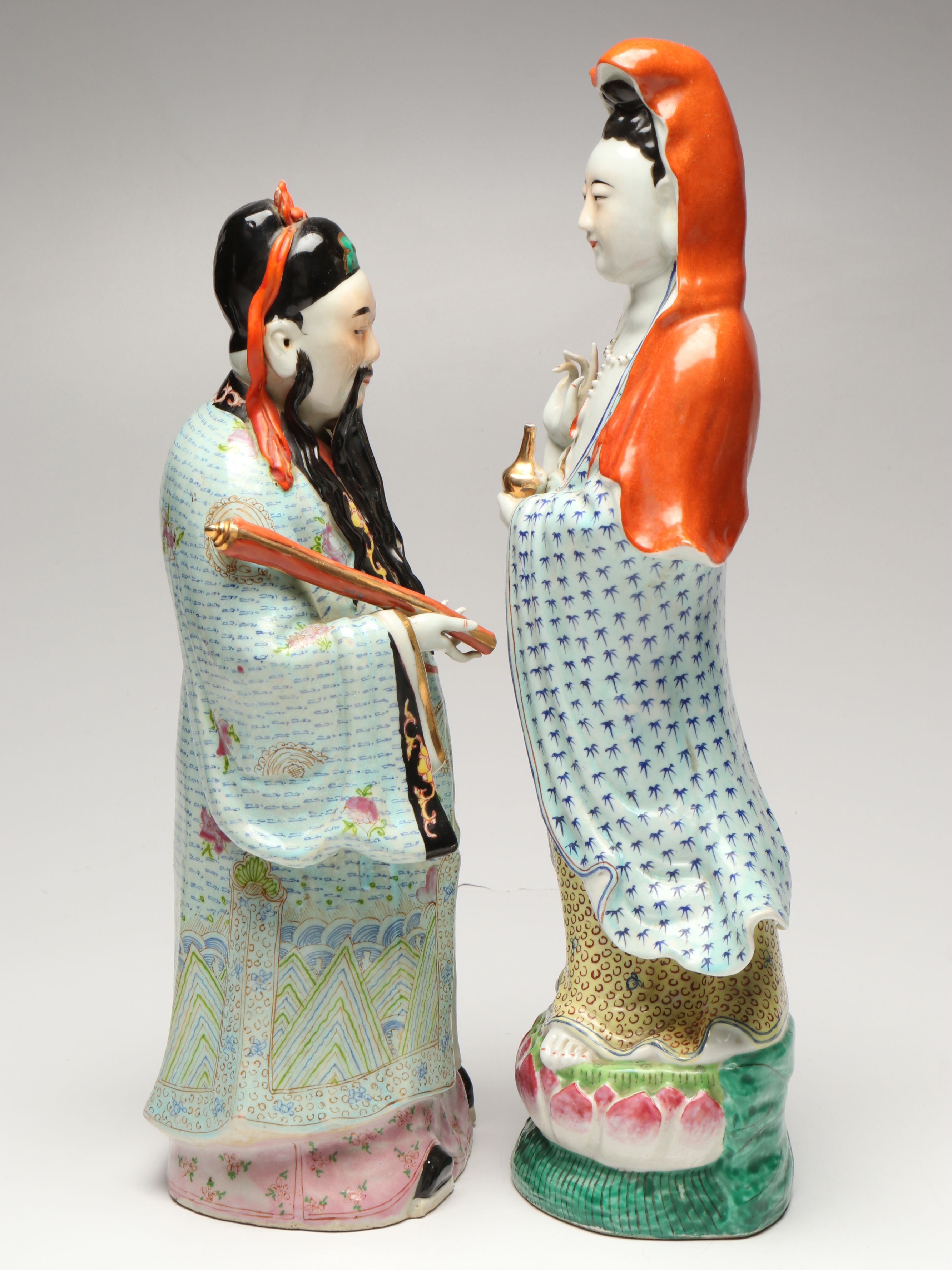Chinese Famille Rose Guanyin and Fu Xing with Japanese Woman Figurine
