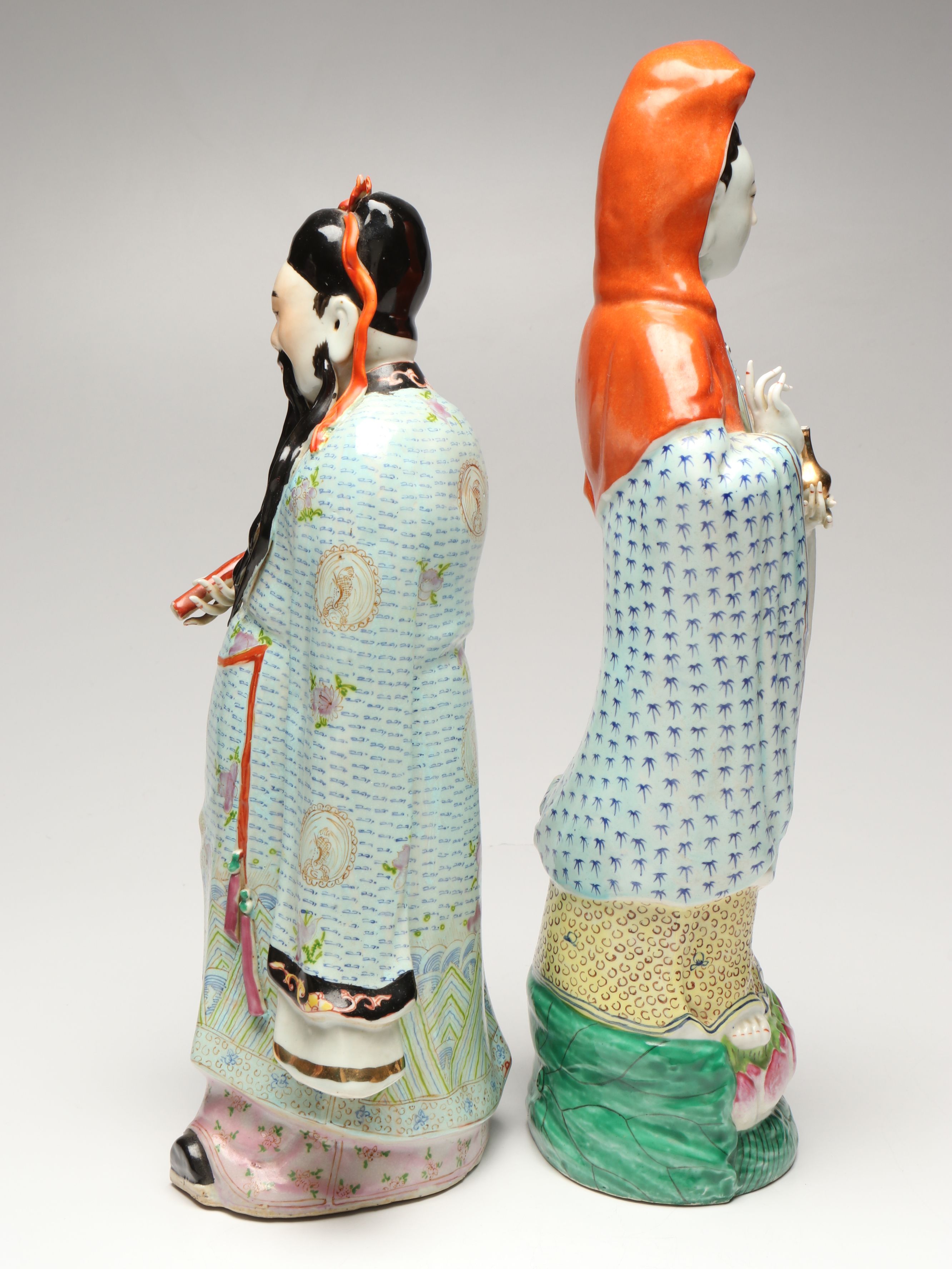 Chinese Famille Rose Guanyin and Fu Xing with Japanese Woman Figurine