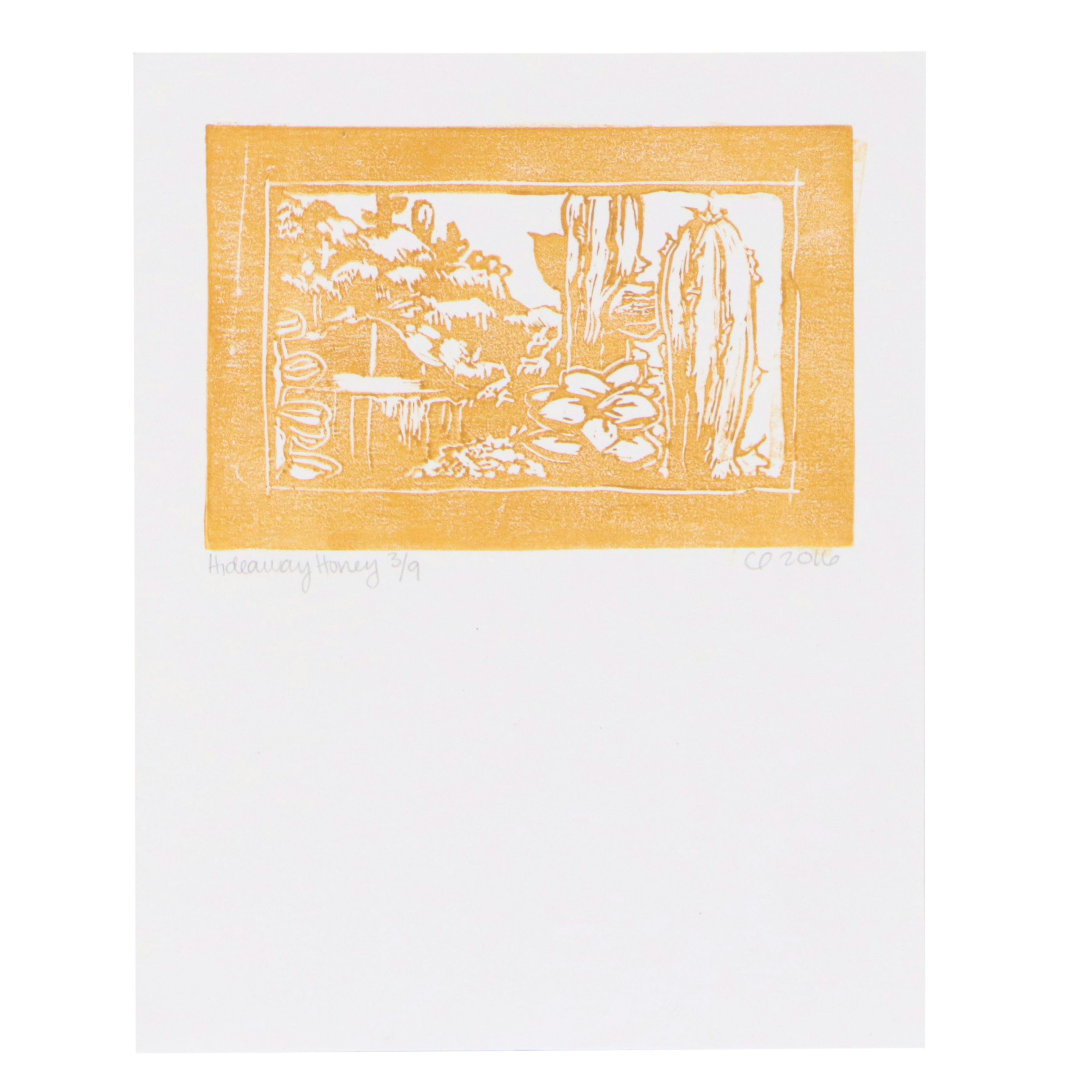 C. F. Dunn Linocut "Hideaway Honey," 2016