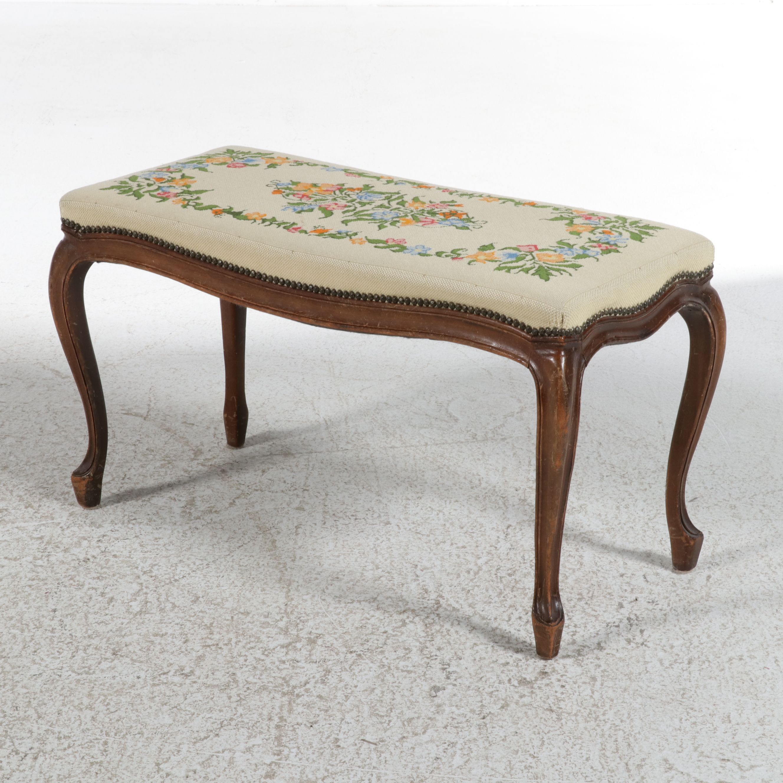 French Provincial Style Needlepoint Upholstered Bench, Mid to Late 20th Century