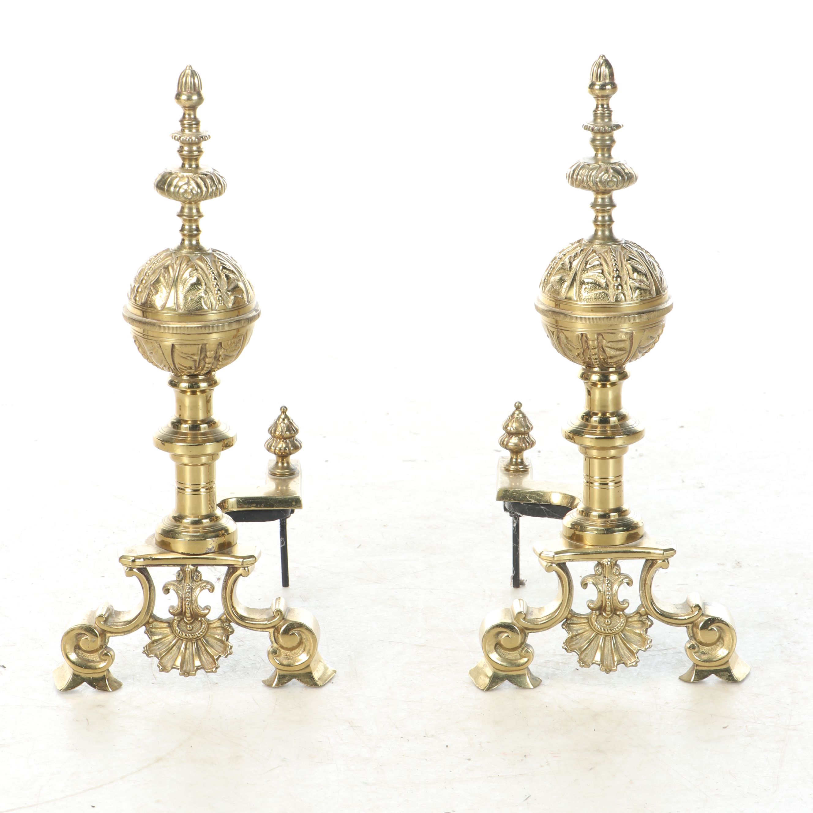 French Style Ornate Brass and Cast Iron Andirons