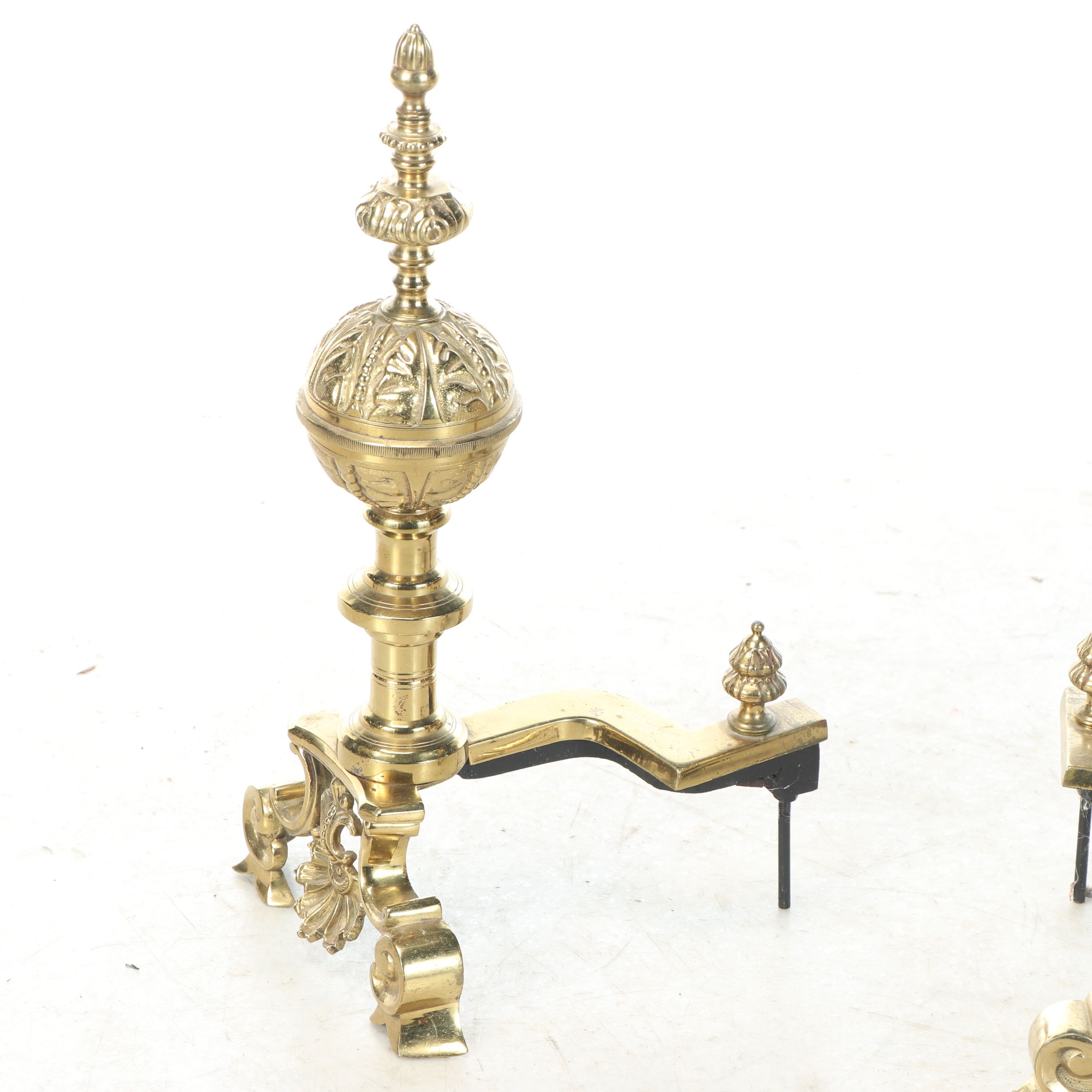 French Style Ornate Brass and Cast Iron Andirons