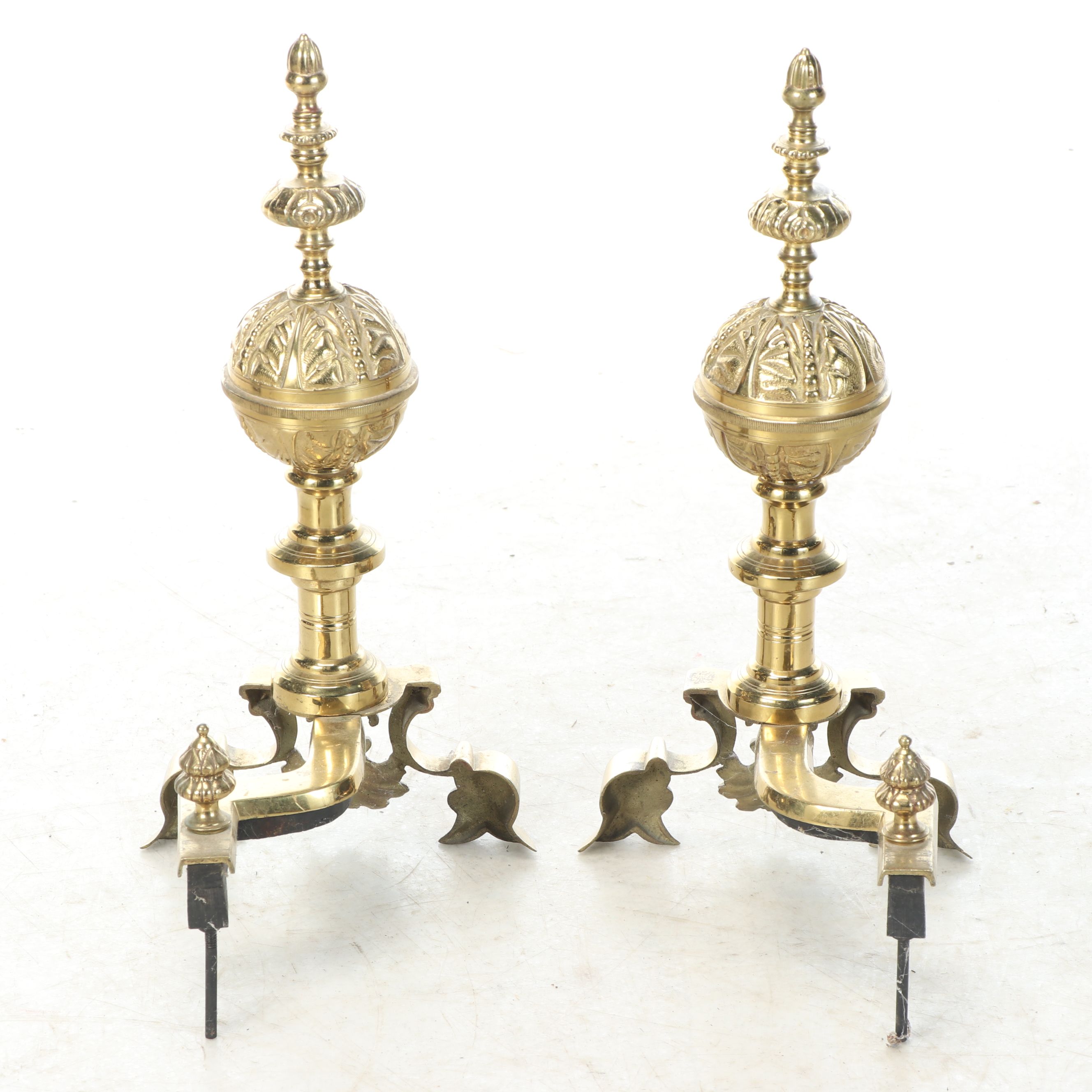 French Style Ornate Brass and Cast Iron Andirons