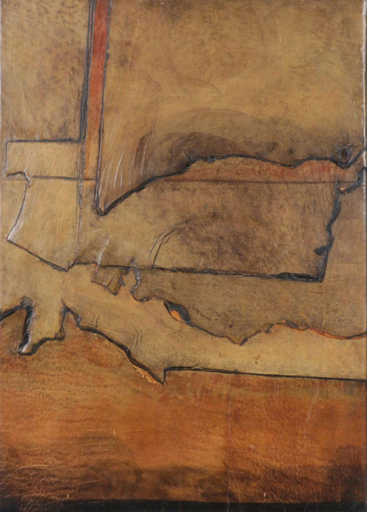 Stained Leather Panels Collaged on Wooden Canvas, Late 20th Century