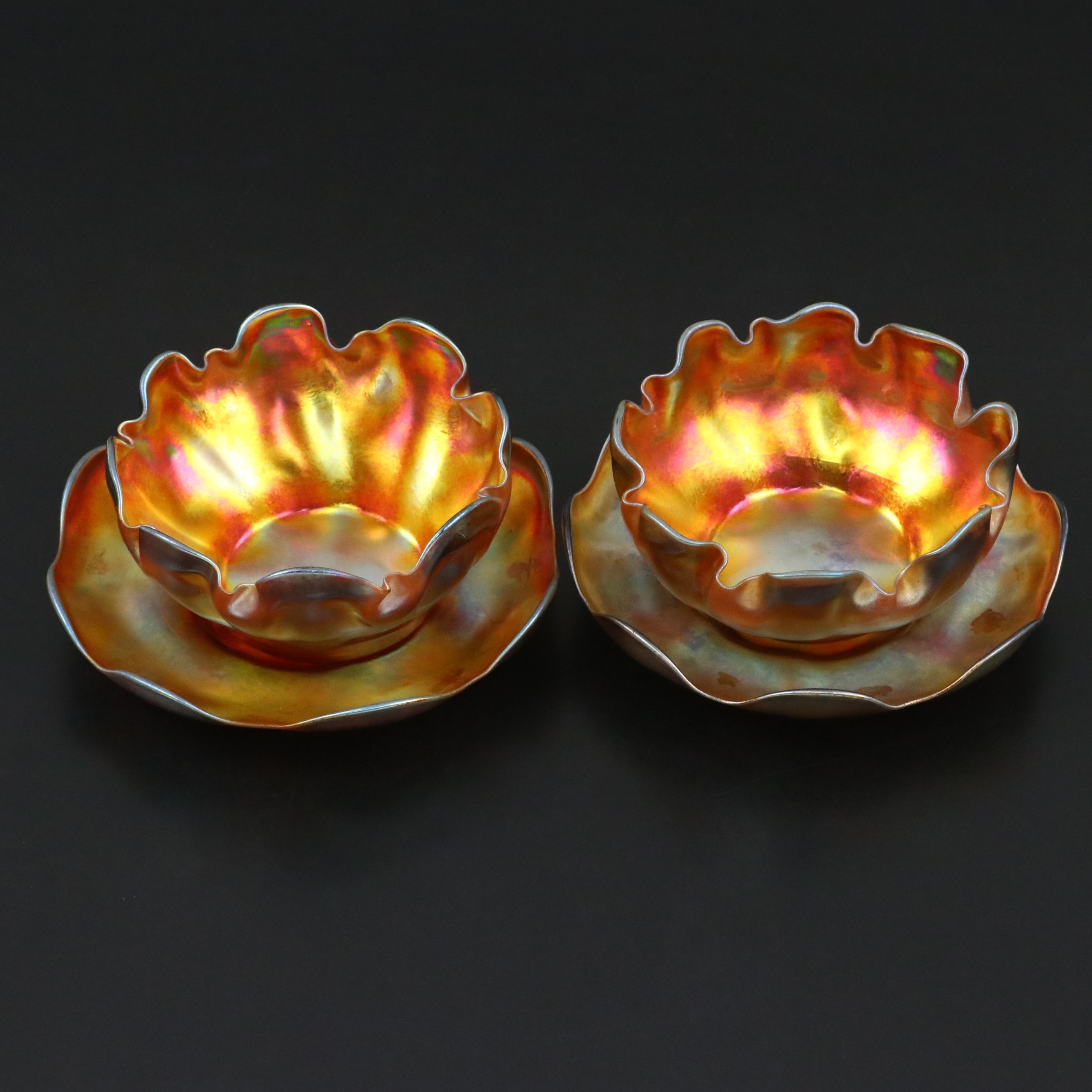 Louis Comfort Tiffany Favrile Art Glass Finger Bowls and Underplates