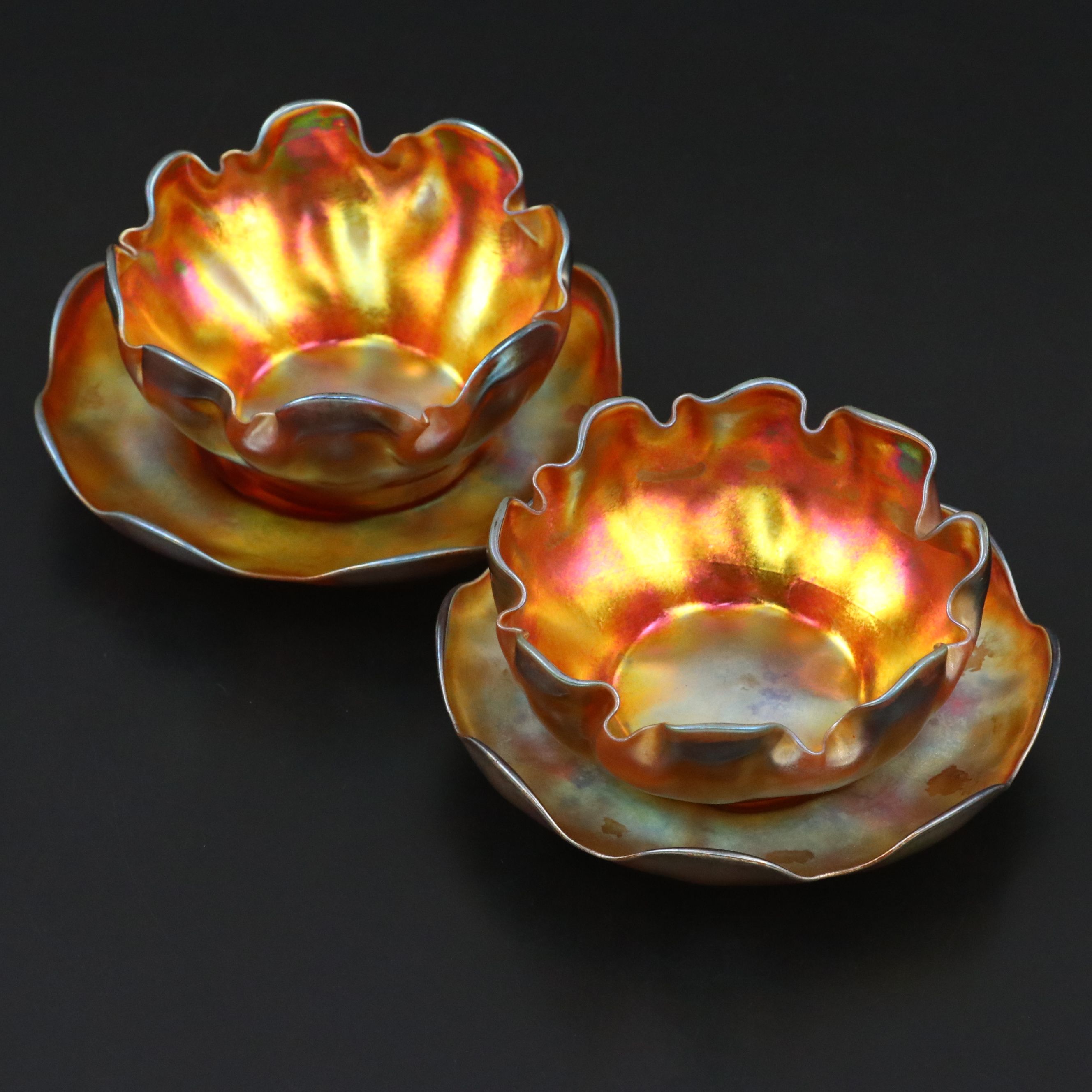 Louis Comfort Tiffany Favrile Art Glass Finger Bowls and Underplates
