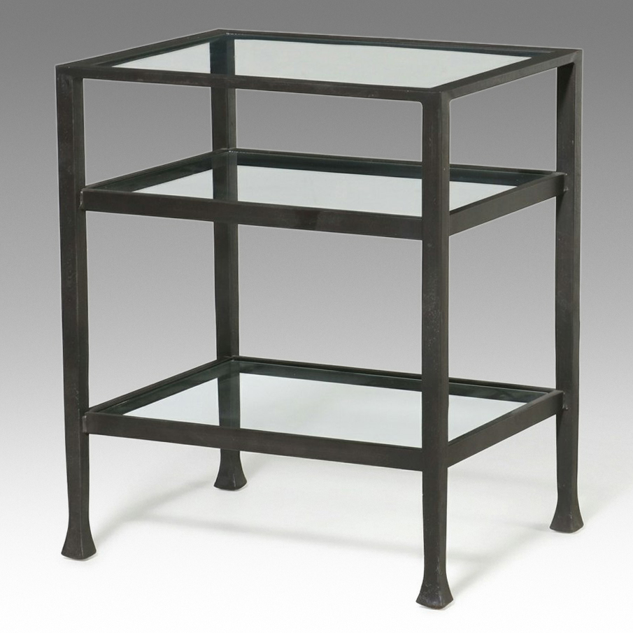 Contemporary Forged Iron Three-Tier Glass Top Side Table, 21st Century