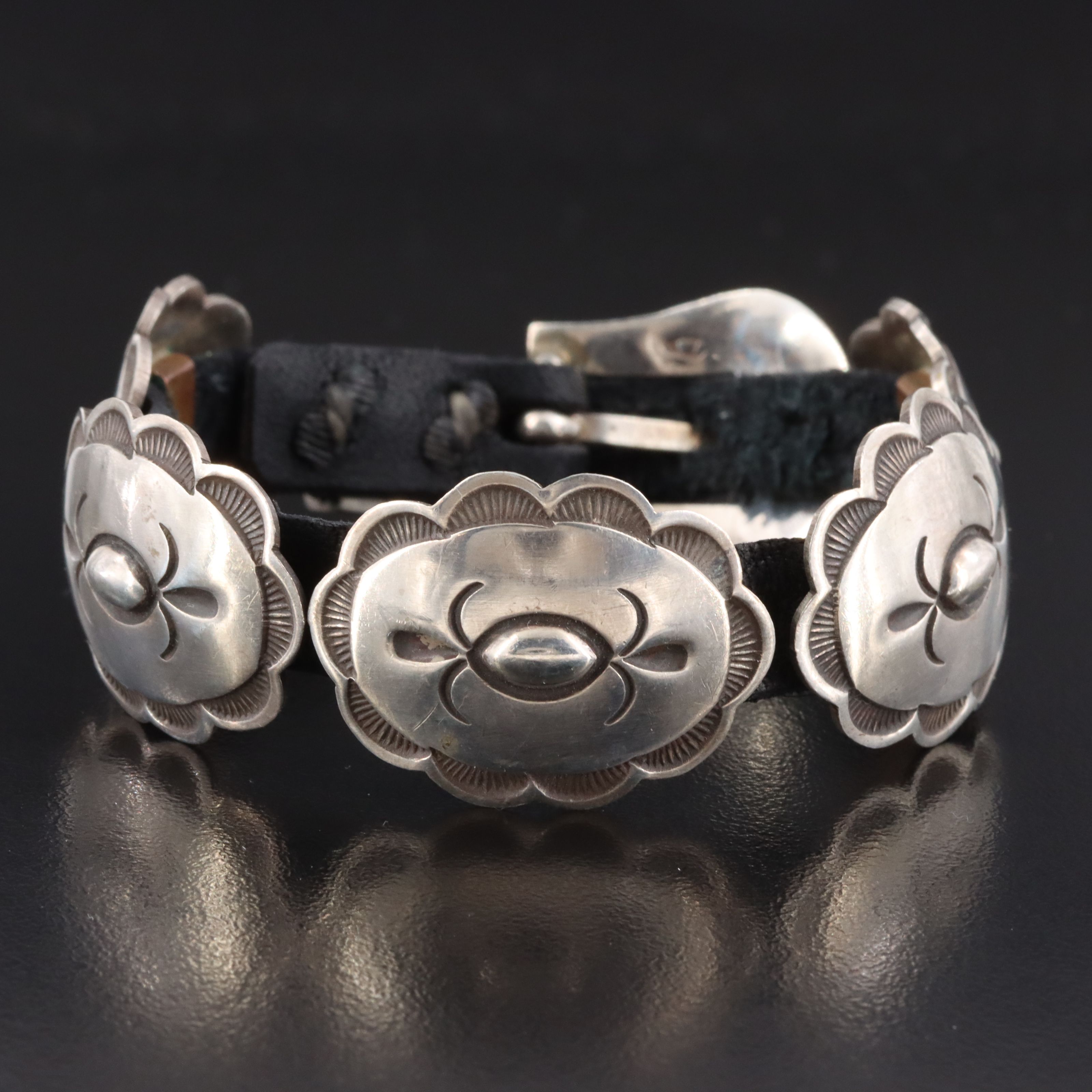 Southwestern Sterling Concho and Leather Bracelet