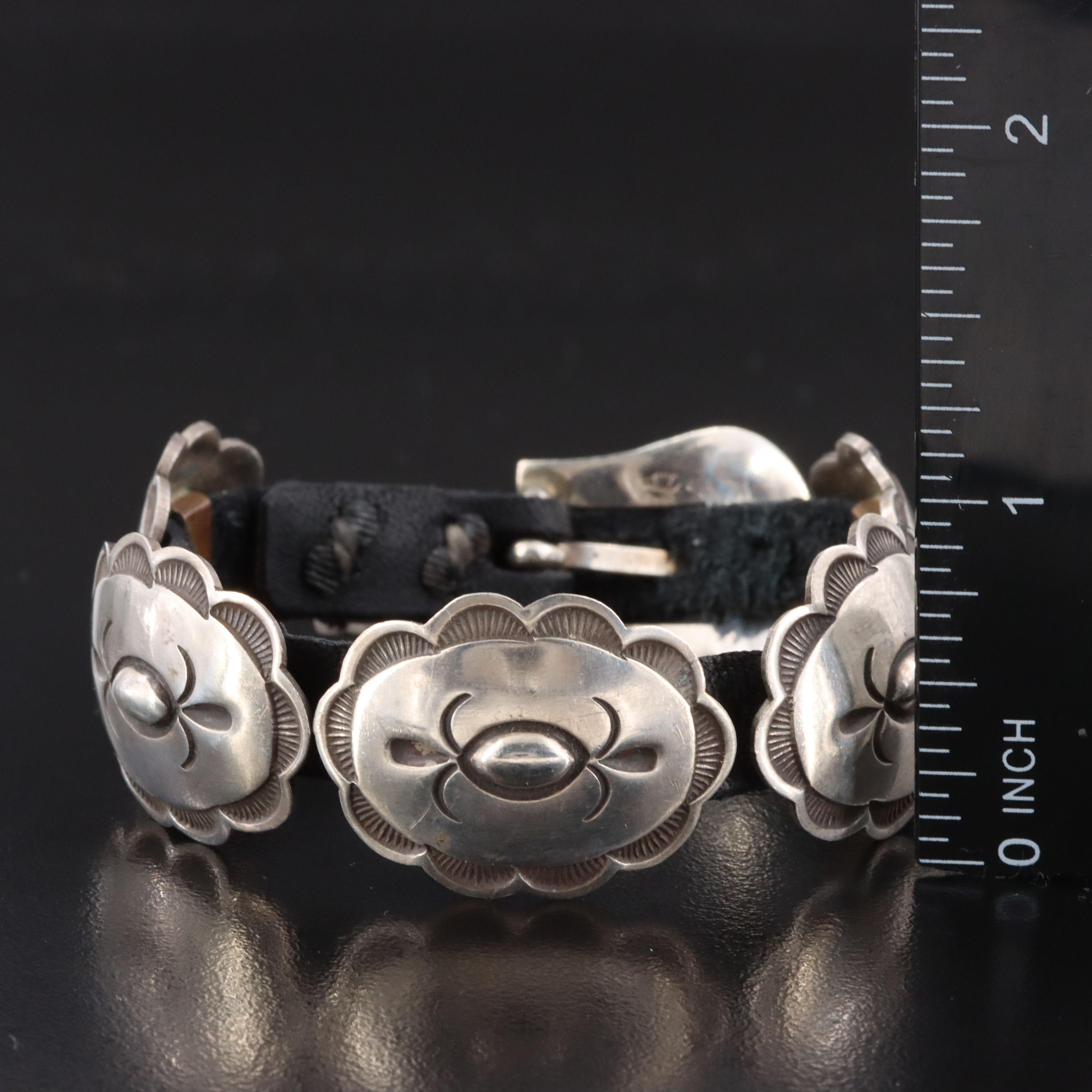 Southwestern Sterling Concho and Leather Bracelet