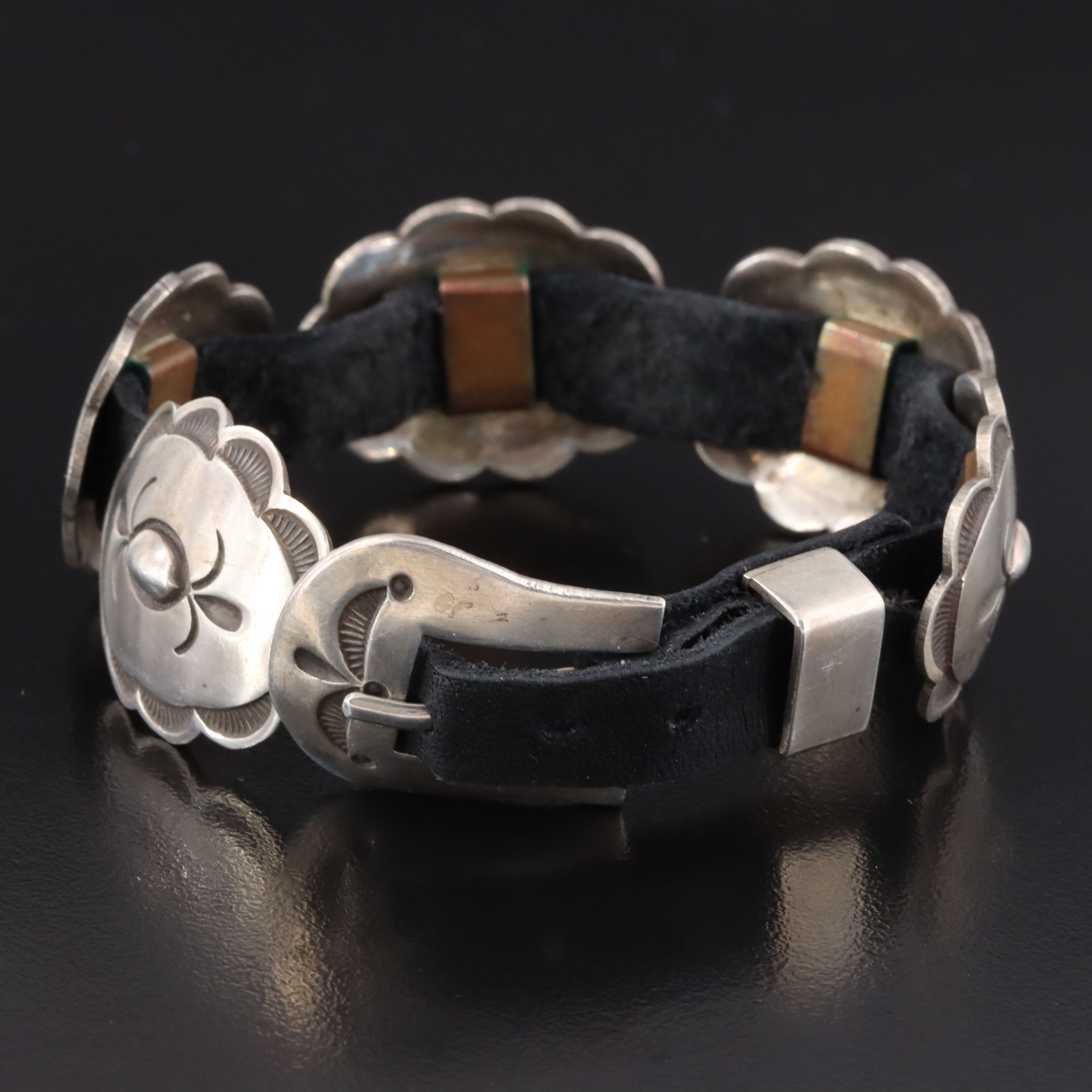 Southwestern Sterling Concho and Leather Bracelet