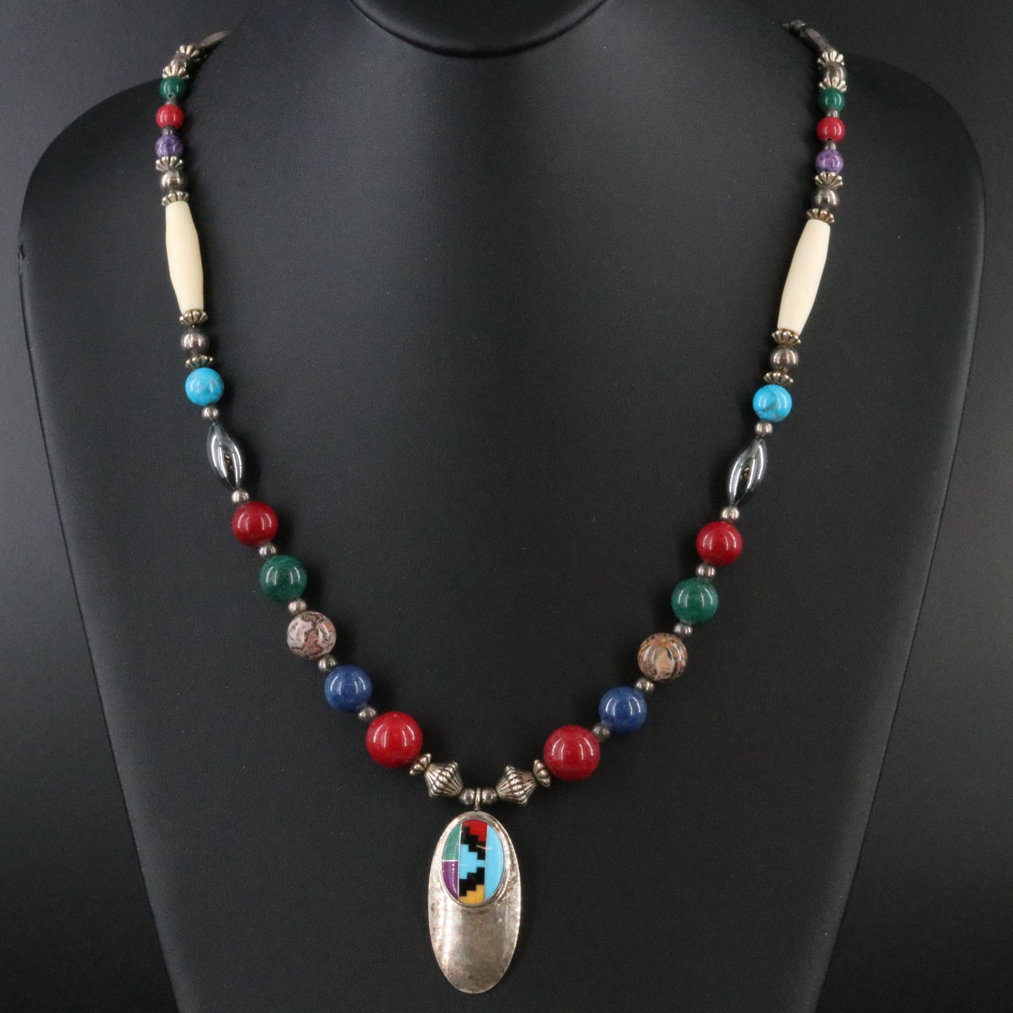 Sterling Inlay Pendant on Bead Necklace ft. Turquoise, Jasper, and Bone