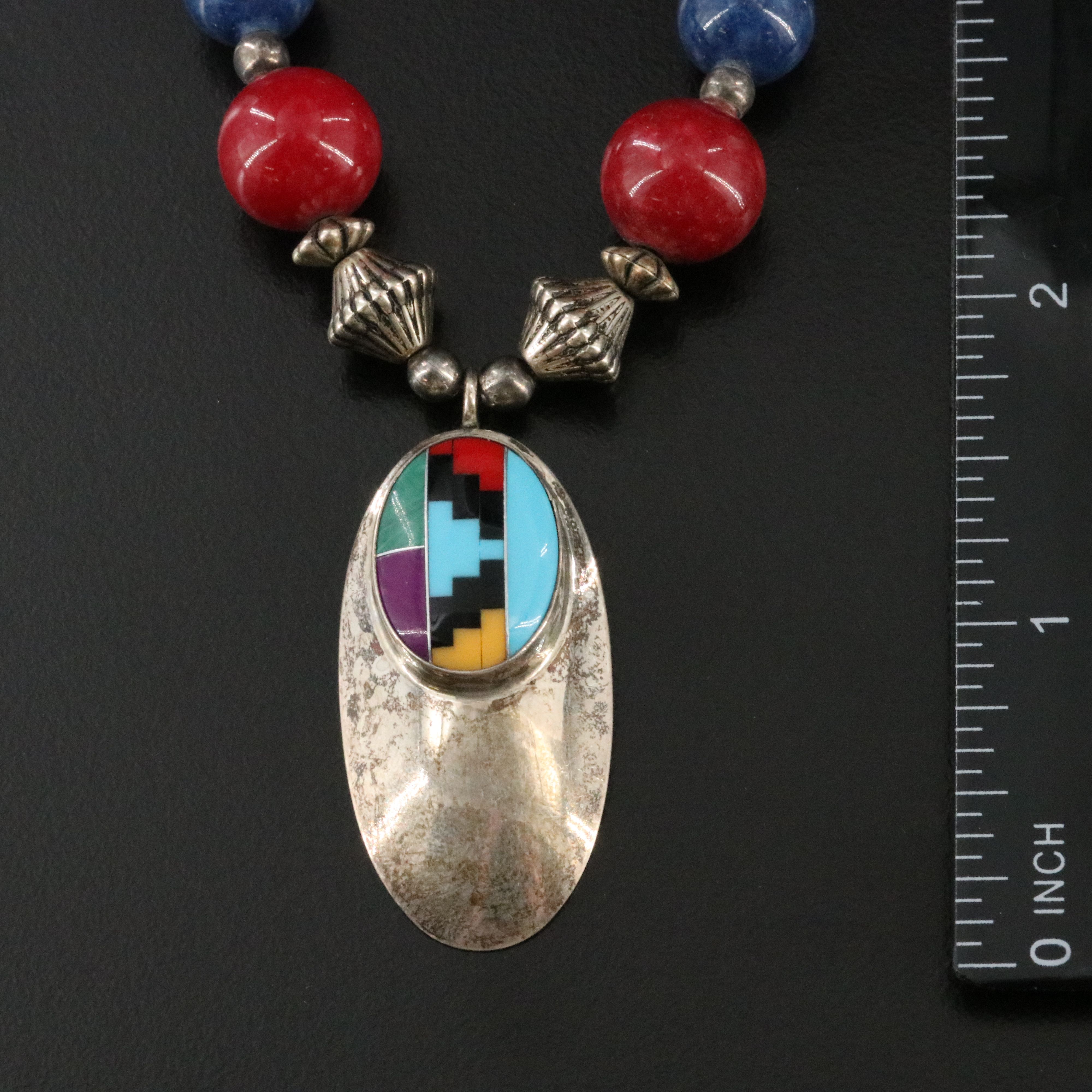 Sterling Inlay Pendant on Bead Necklace ft. Turquoise, Jasper, and Bone