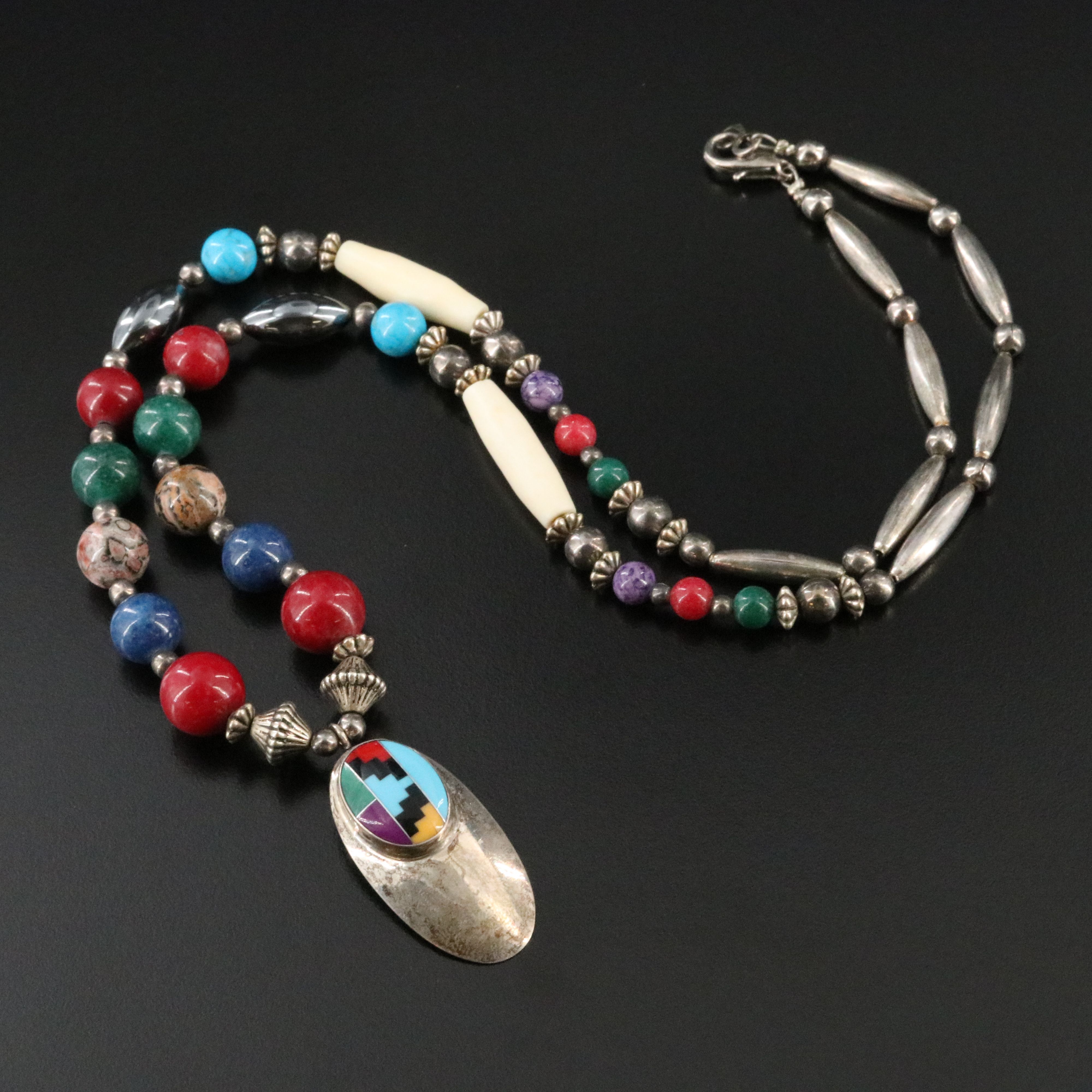 Sterling Inlay Pendant on Bead Necklace ft. Turquoise, Jasper, and Bone