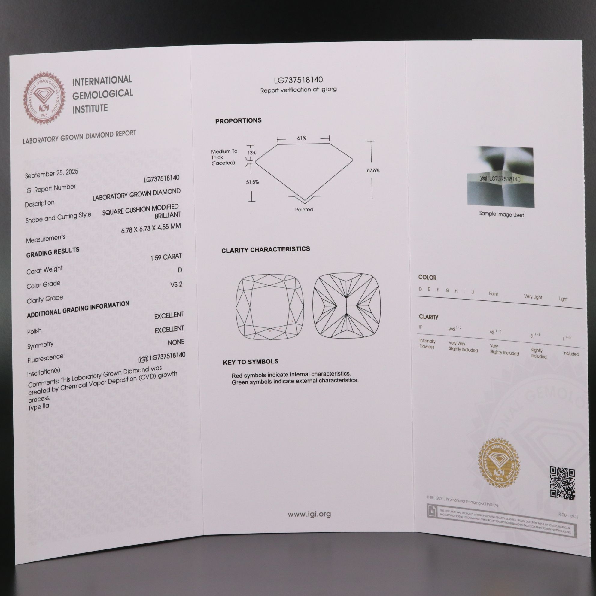 Loose 1.59 CT Lab Grown Diamond with IGI Report