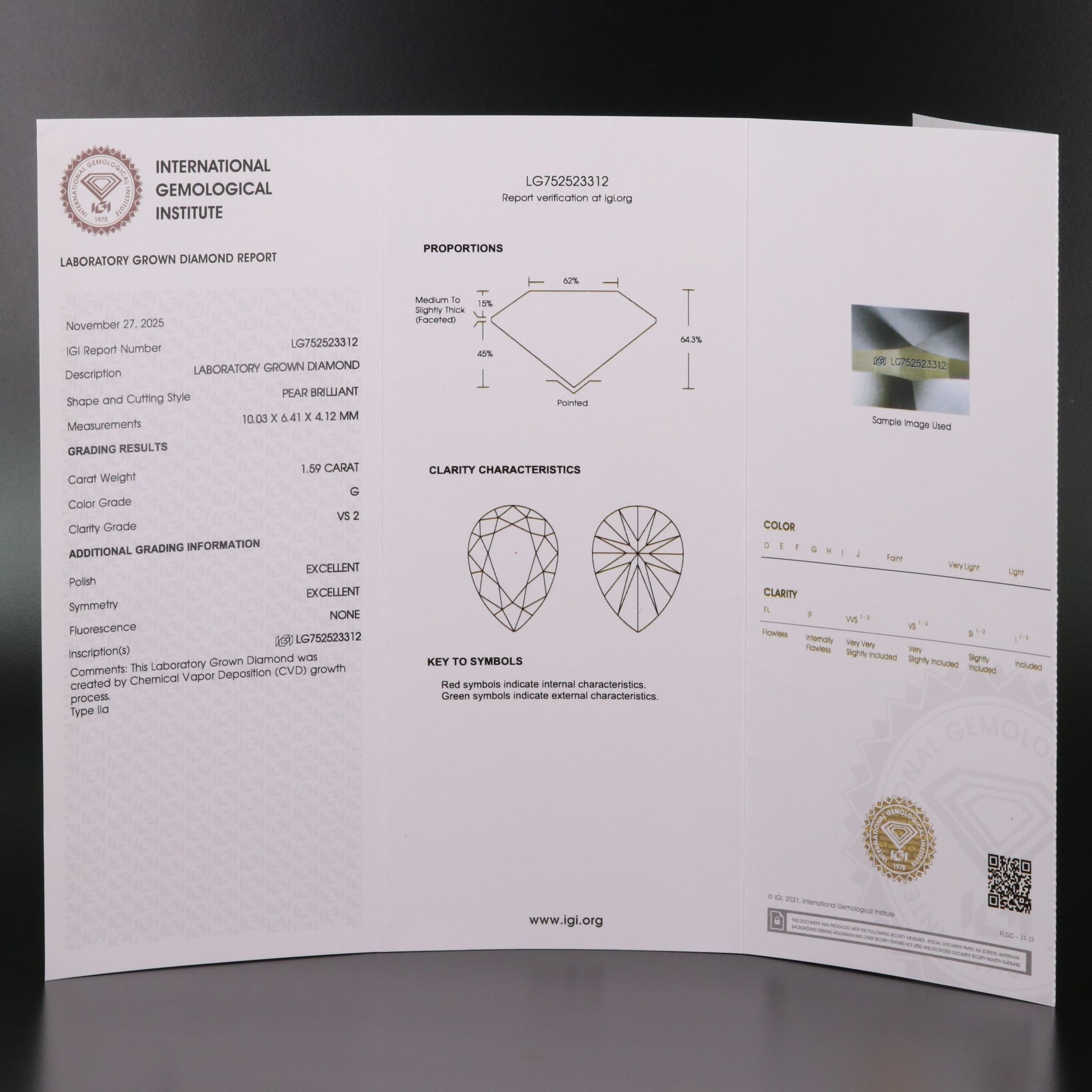 Loose 1.59 CT Lab Grown Diamond with IGI Report