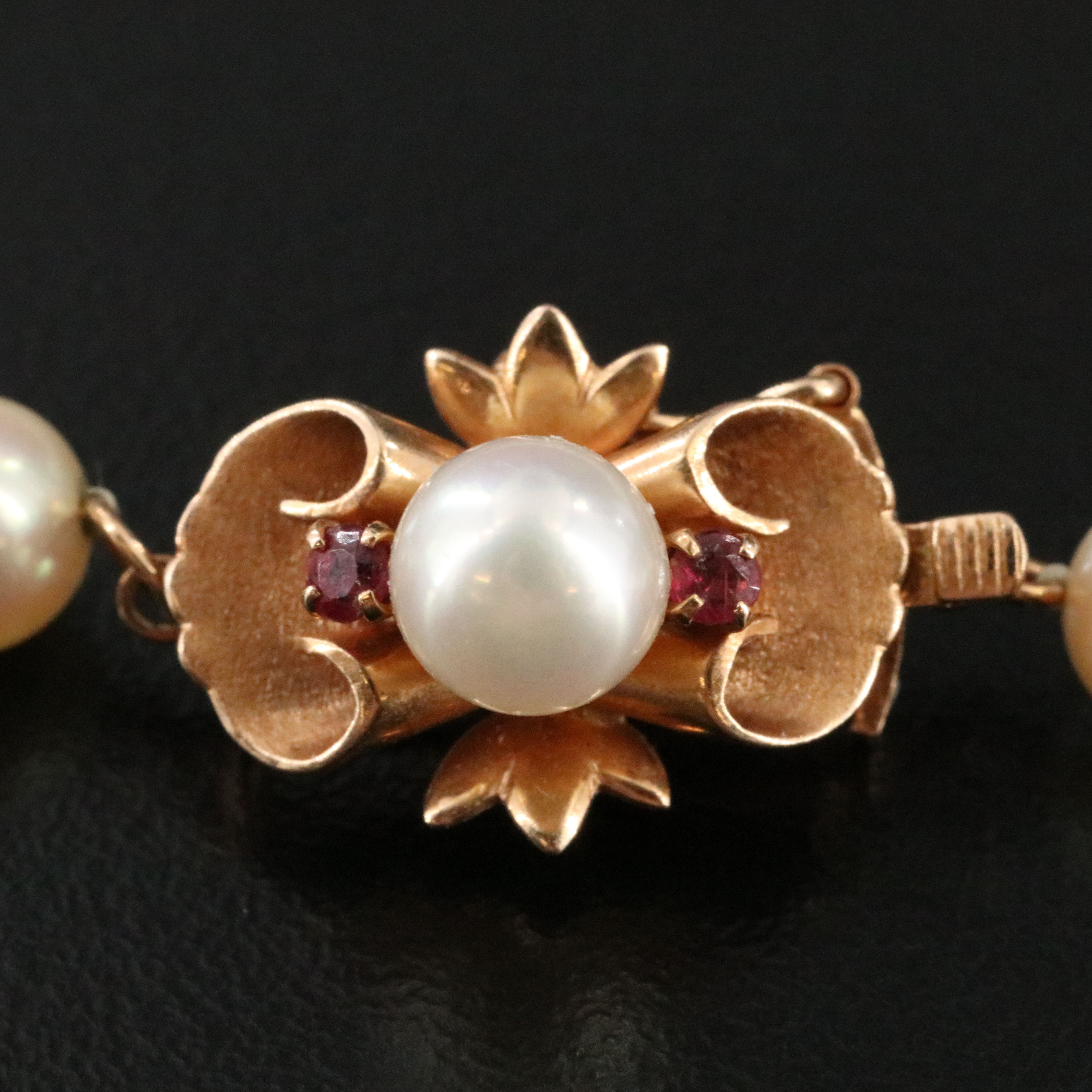 14K Graduated Pearl and Ruby Necklace