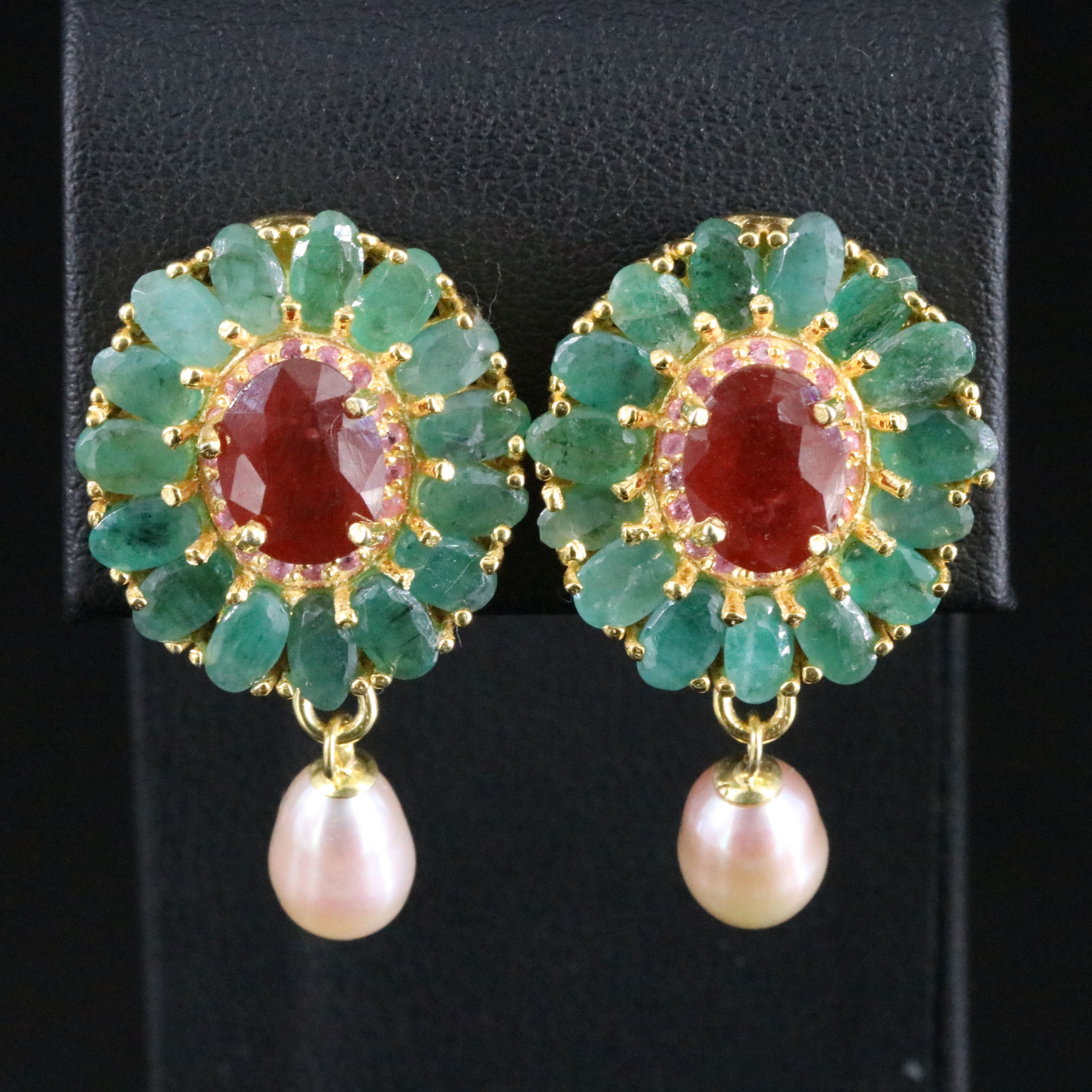 Sterling Earrings with Filled Corundum, Emerald, and Pearl