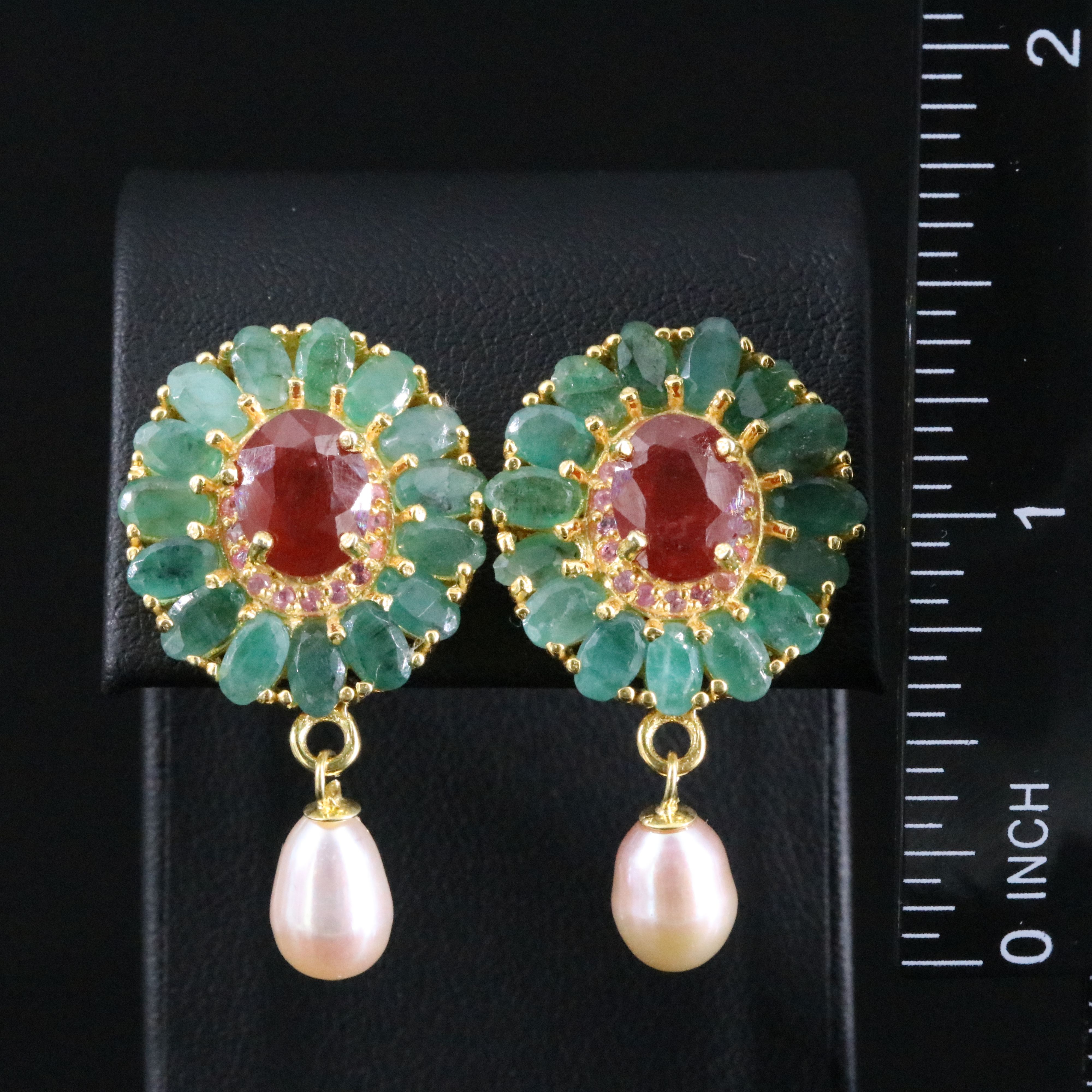 Sterling Earrings with Filled Corundum, Emerald, and Pearl