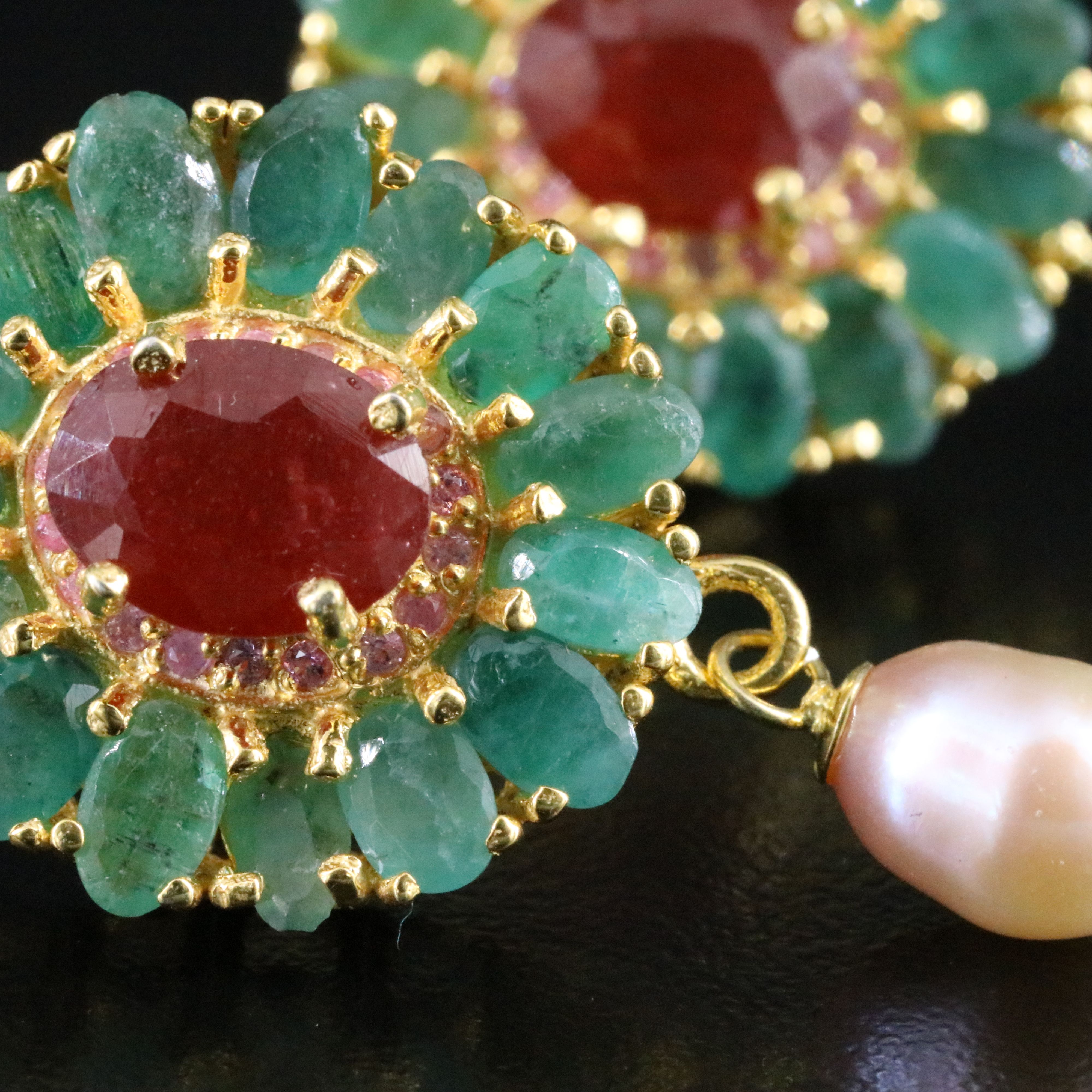 Sterling Earrings with Filled Corundum, Emerald, and Pearl