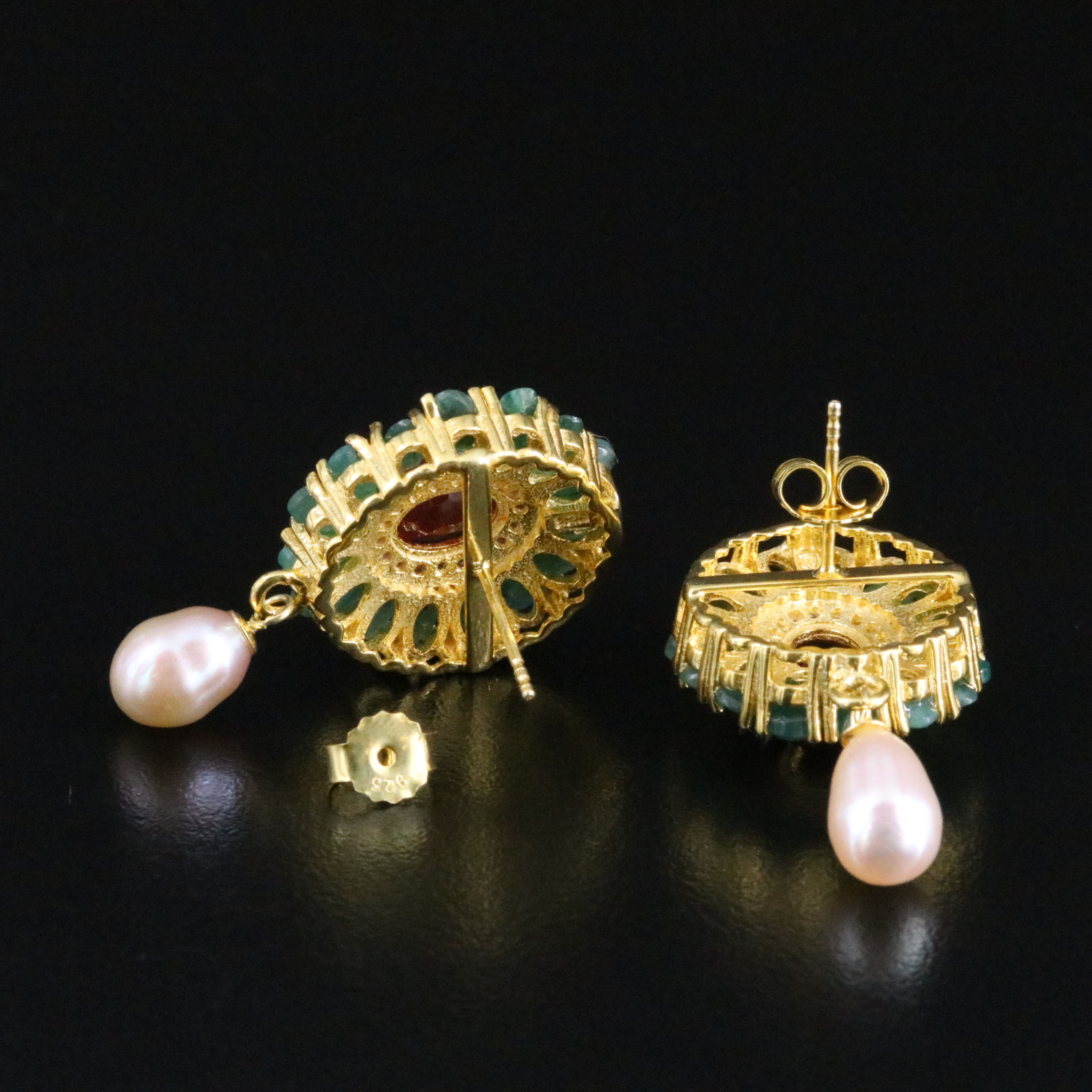 Sterling Earrings with Filled Corundum, Emerald, and Pearl