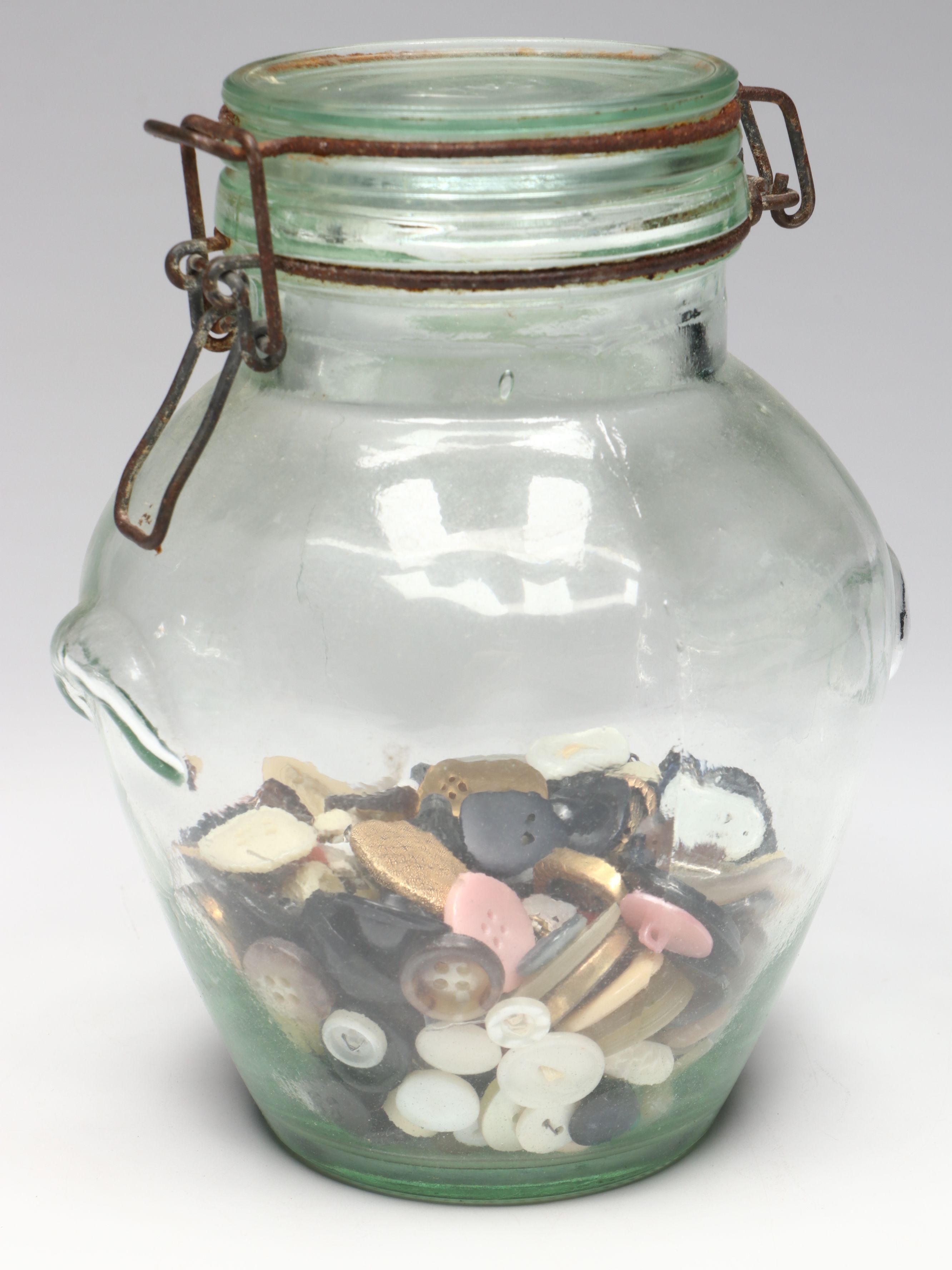 Rustic Italian Green Glass Hermetic Jars with Plastic Buttons
