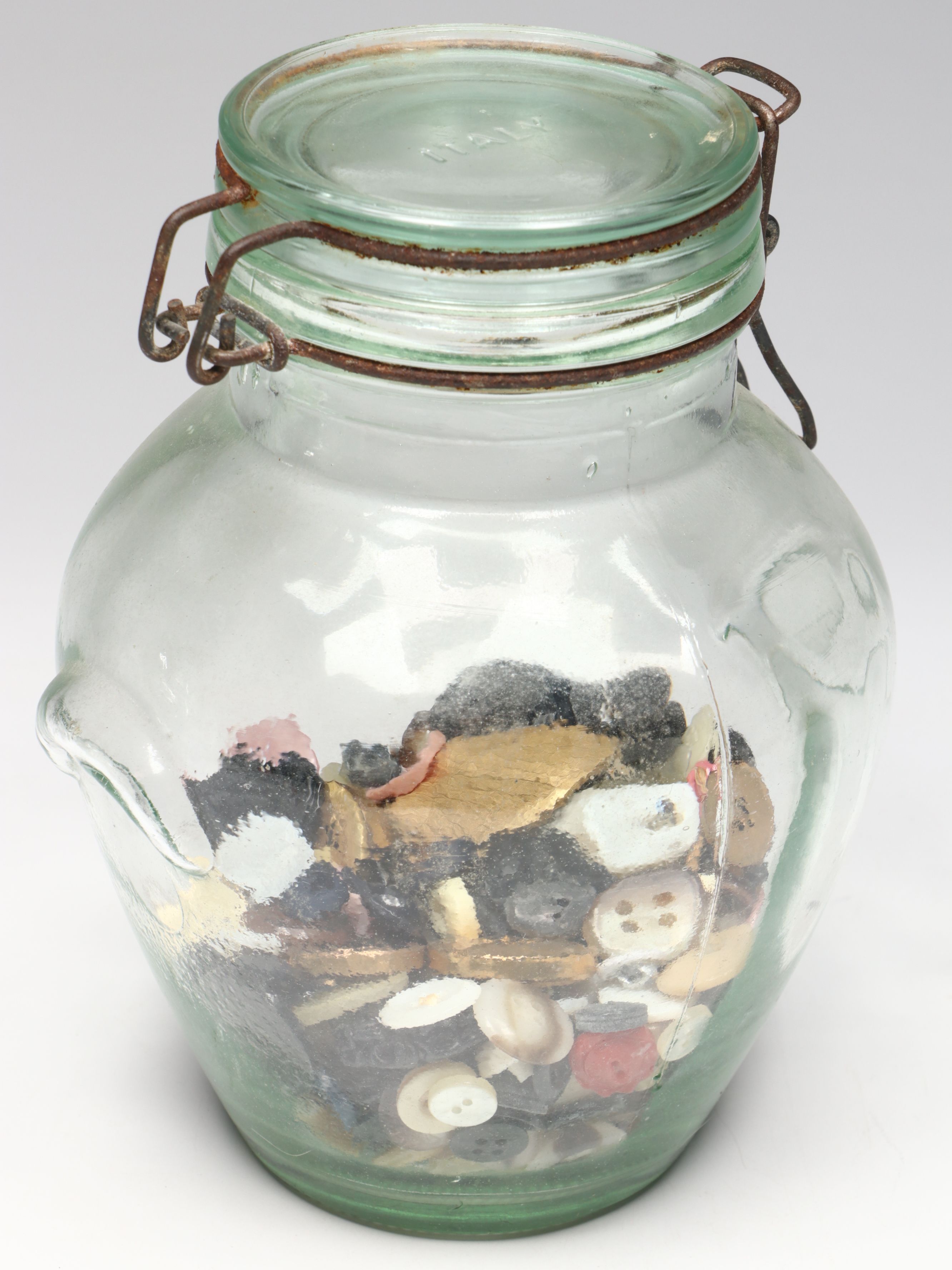 Rustic Italian Green Glass Hermetic Jars with Plastic Buttons