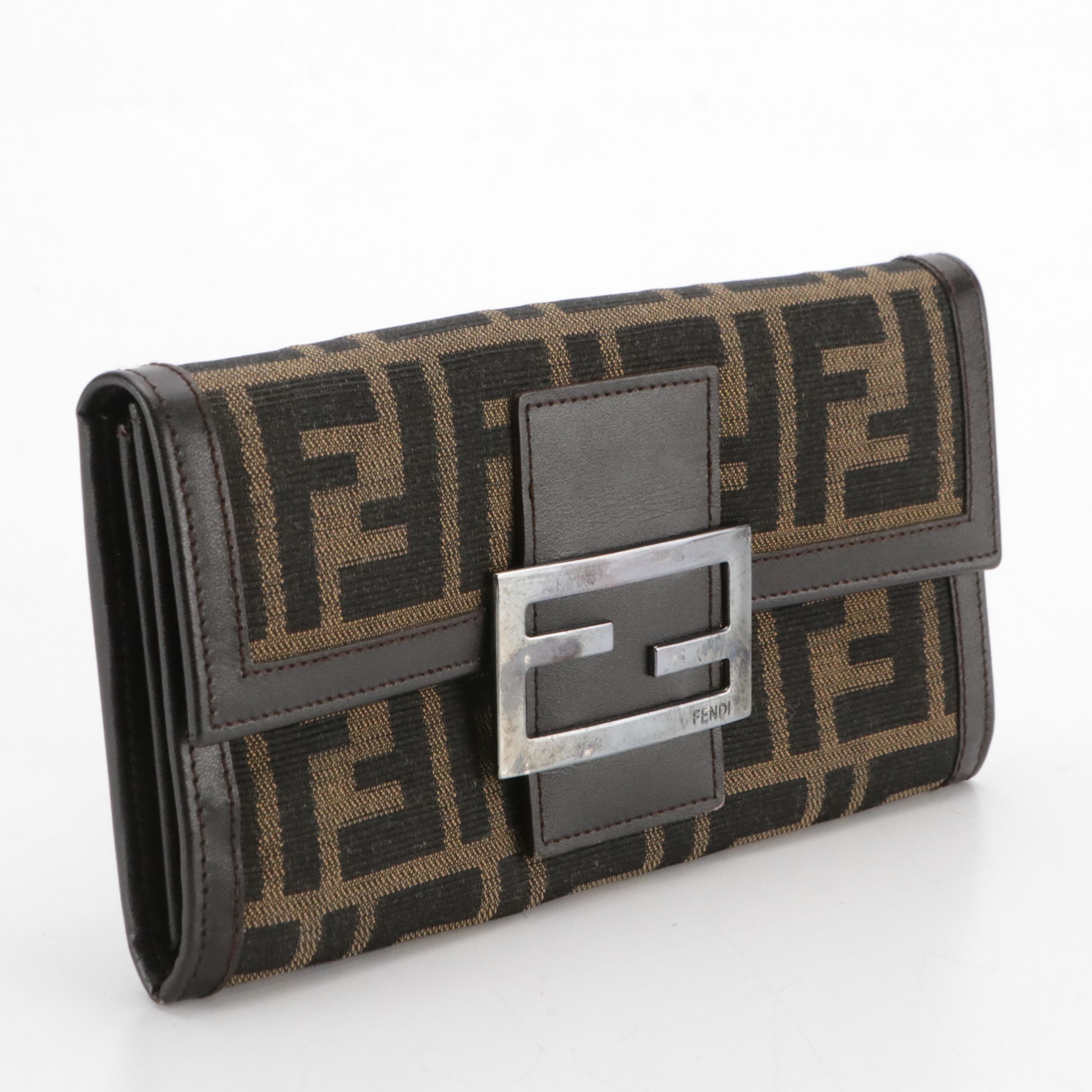 Fendi Continental Flap Wallet in Brown/Black Zucchino Canvas and Leather Trim