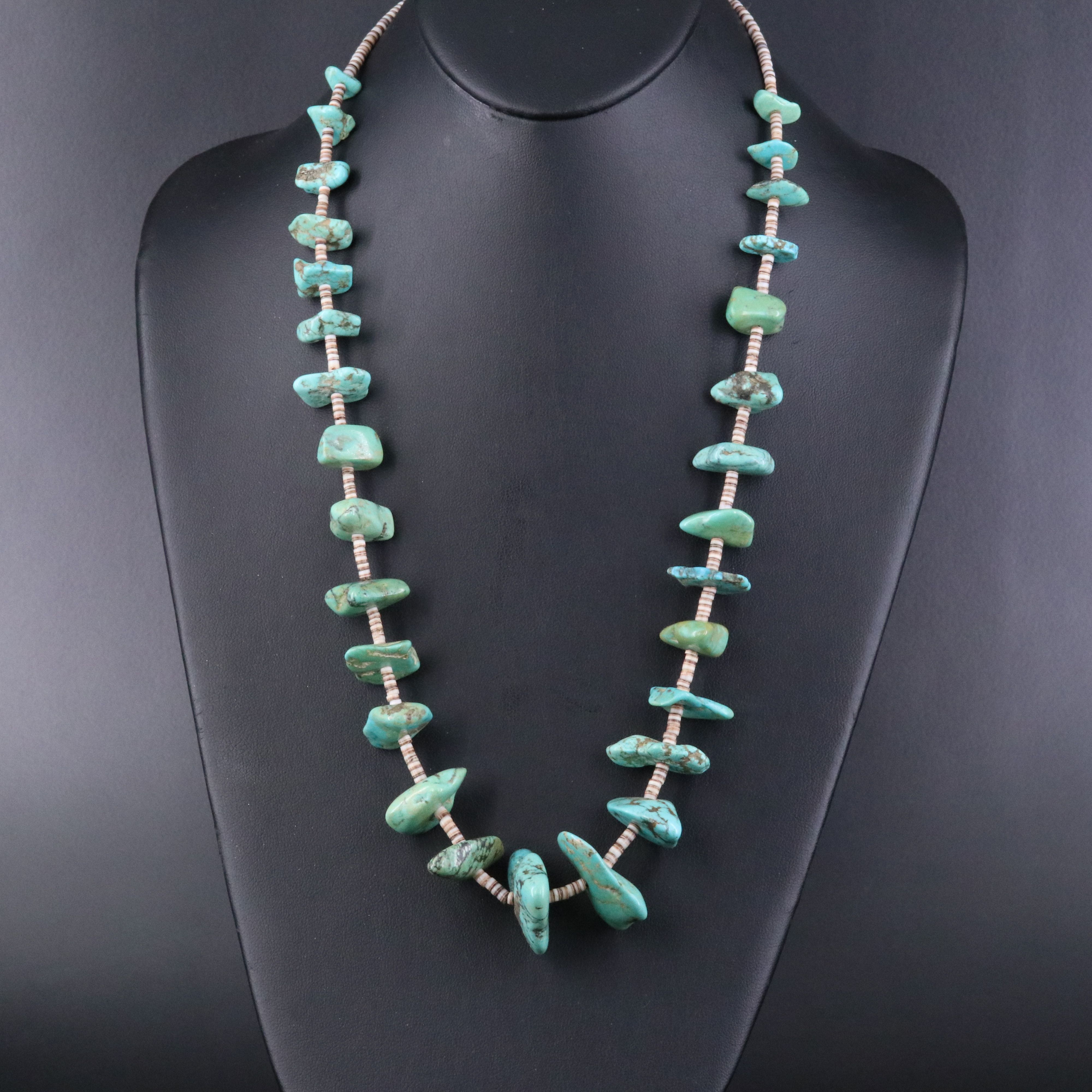 Vintage Graduated Turquoise and Heishi Bead Necklace with Sterling Clasp
