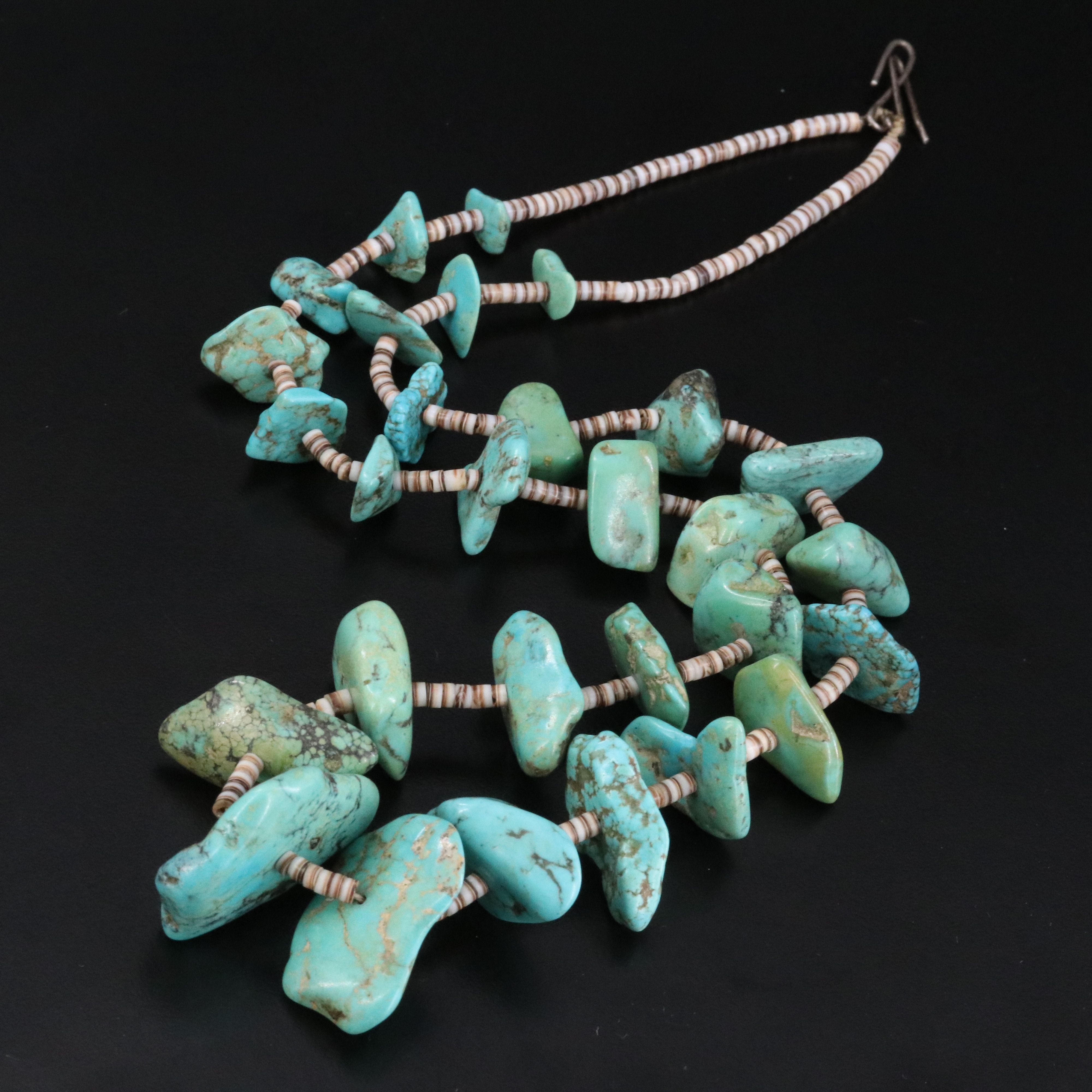 Vintage Graduated Turquoise and Heishi Bead Necklace with Sterling Clasp
