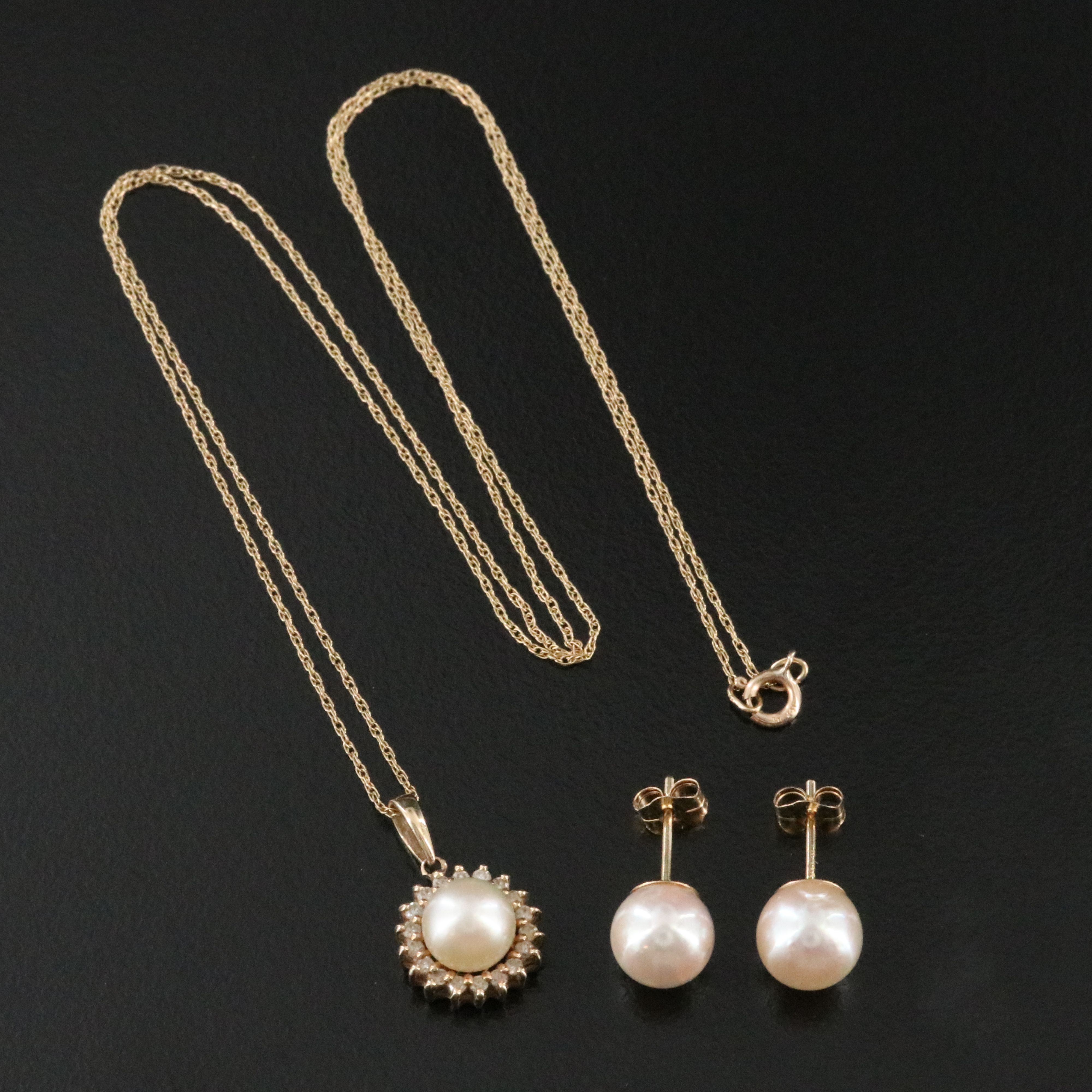 14K Pearl Earrings with 10K Pearl and Diamond Pendant Necklace