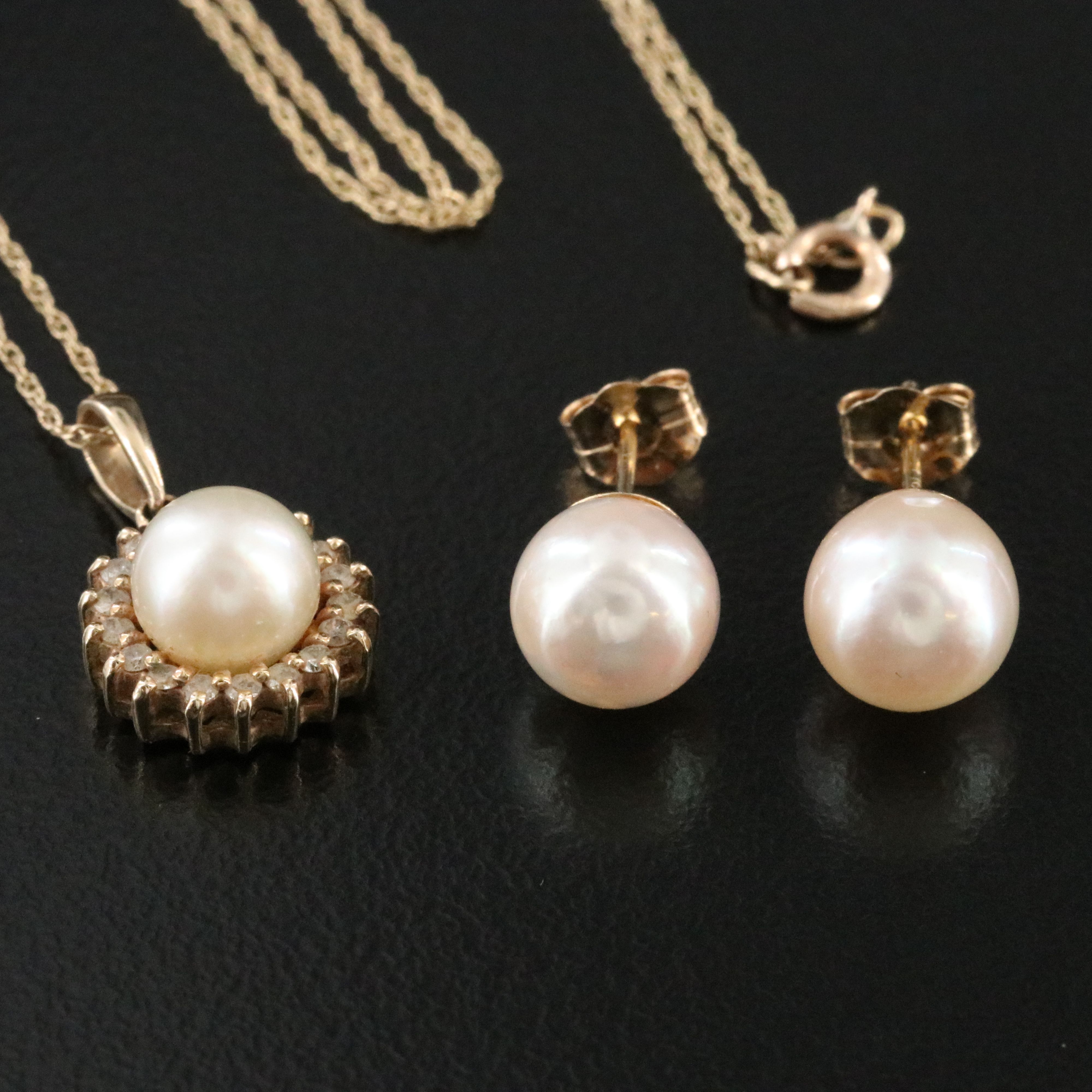 14K Pearl Earrings with 10K Pearl and Diamond Pendant Necklace