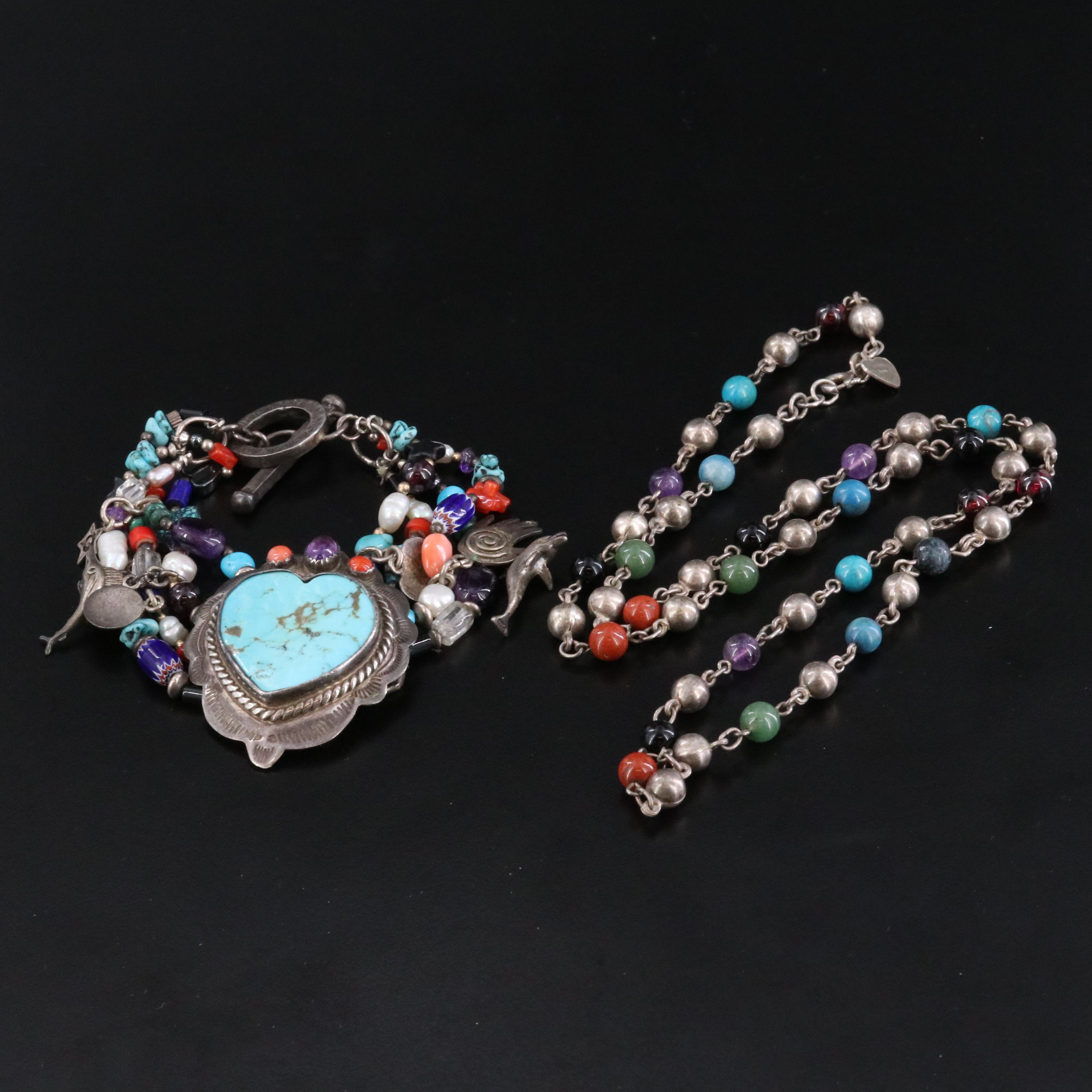 Sterling Turquoise, Amethyst and Coral Necklace and Bracelet