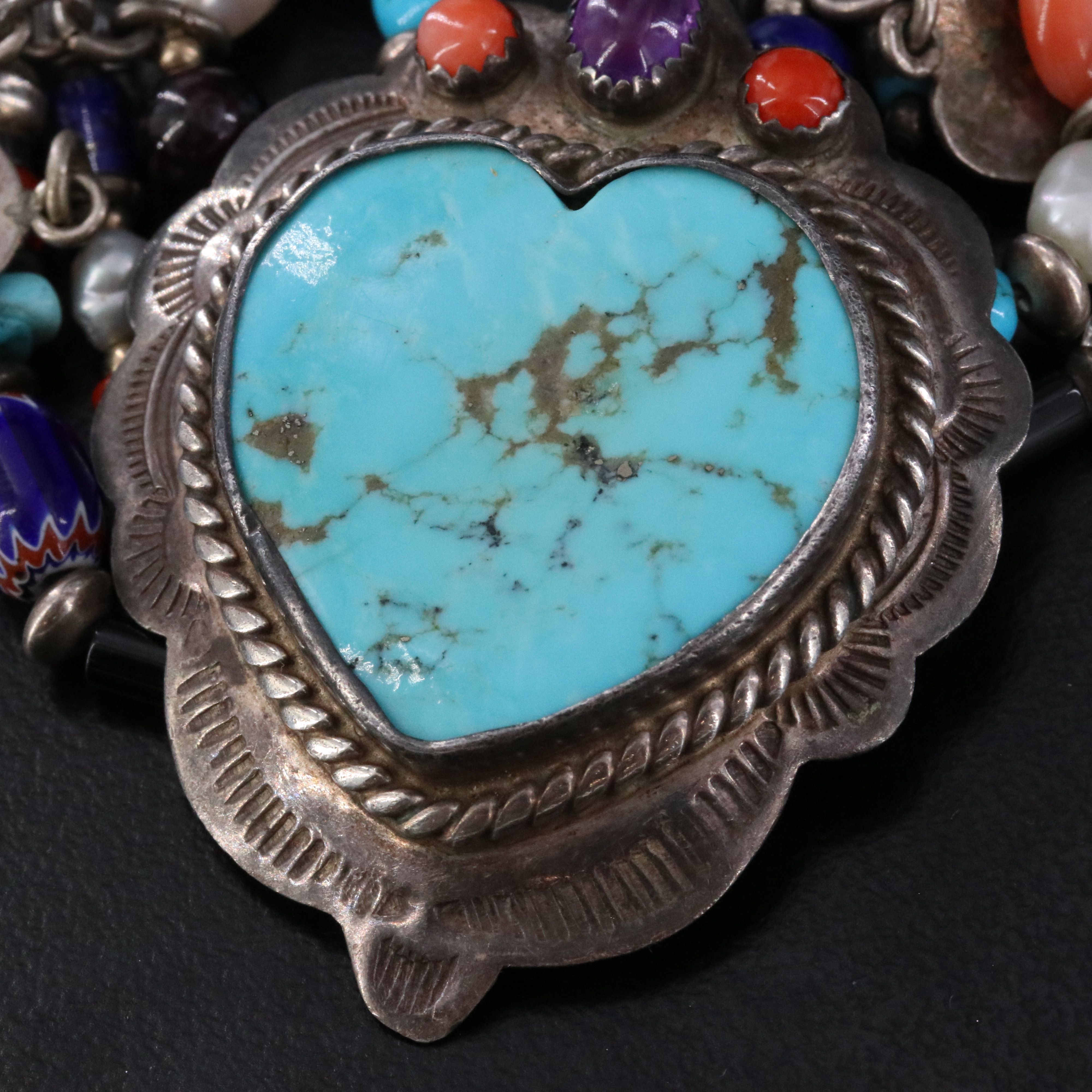 Sterling Turquoise, Amethyst and Coral Necklace and Bracelet