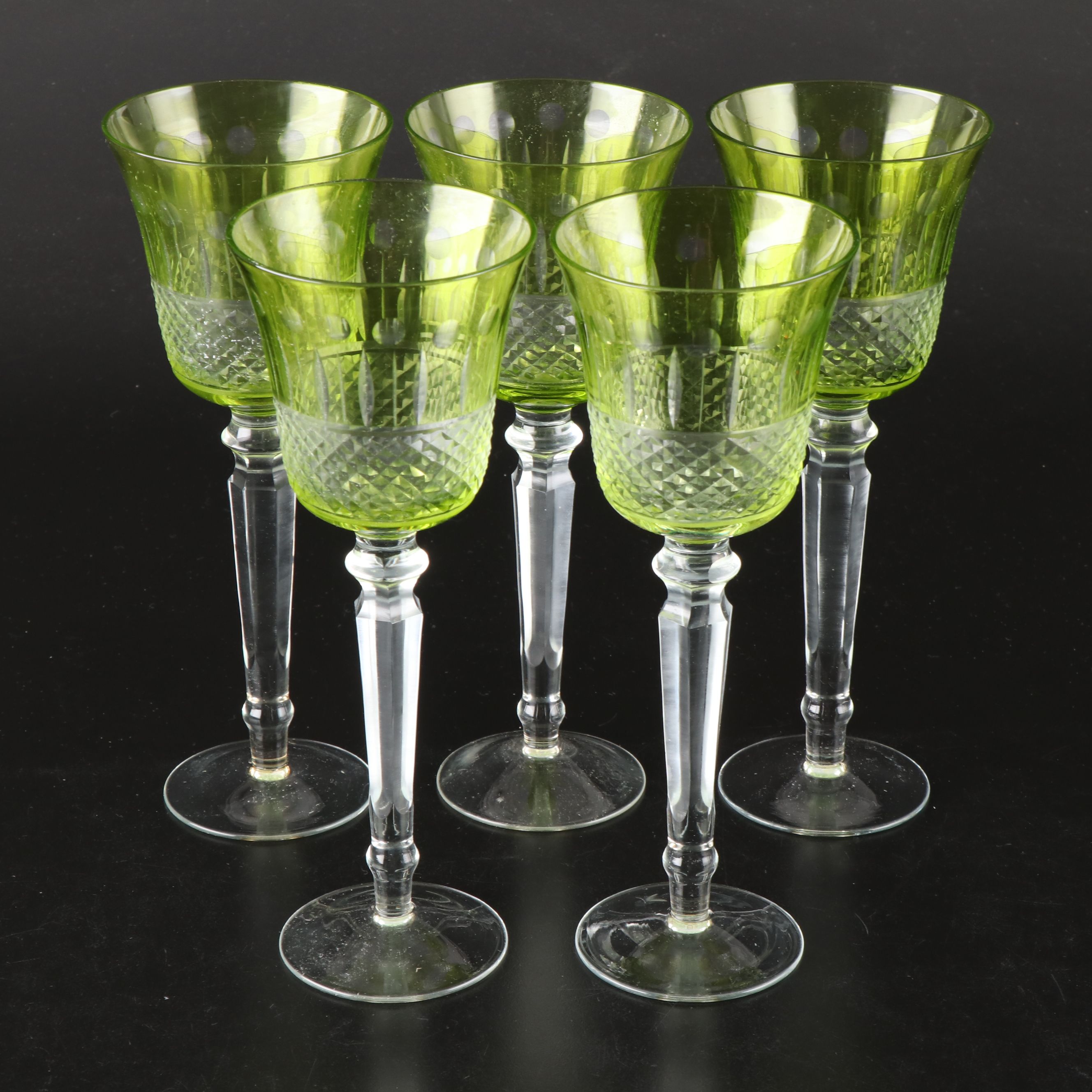 Bohemian Style Green Cut to Clear Wine Glasses