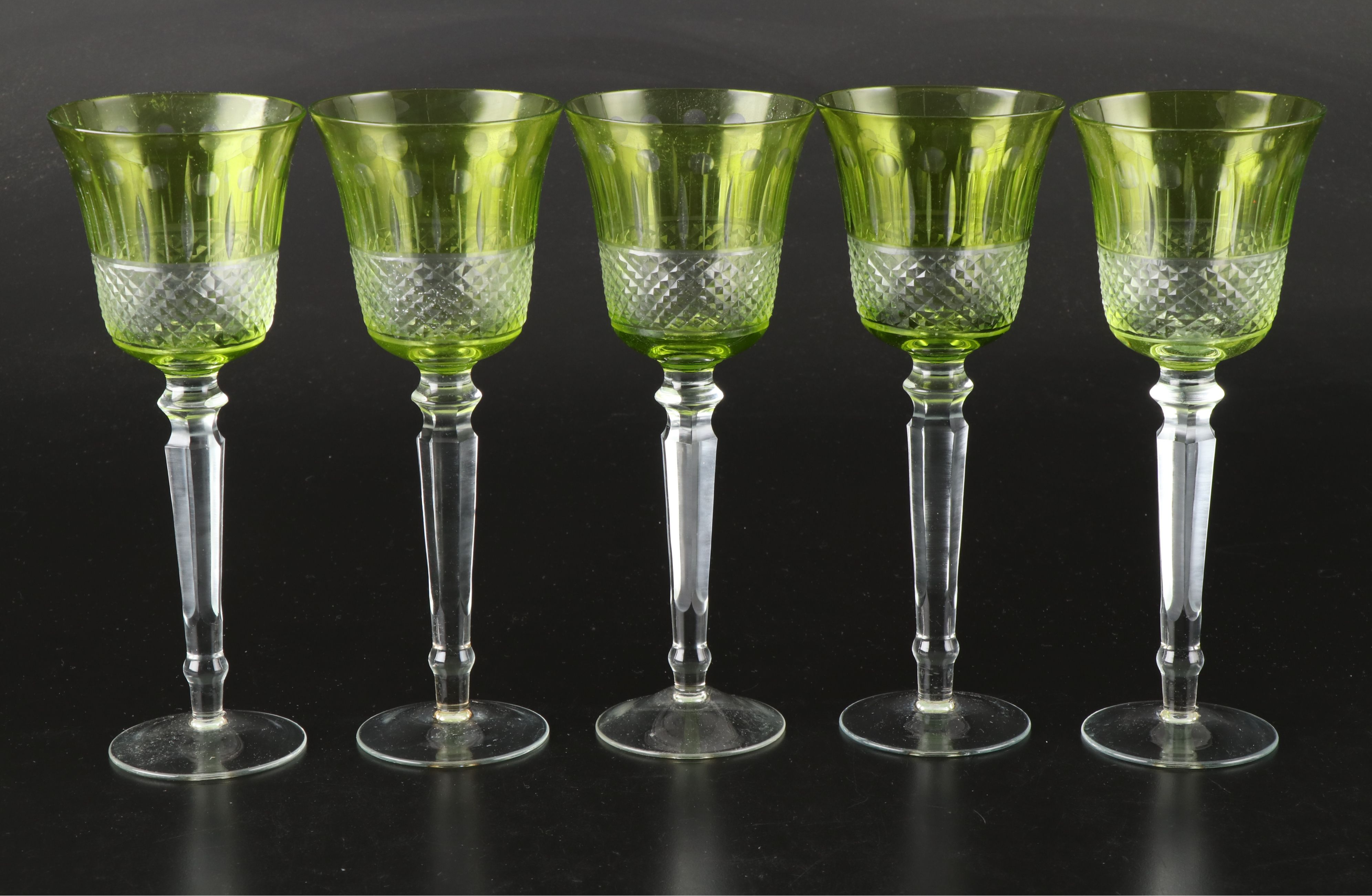 Bohemian Style Green Cut to Clear Wine Glasses