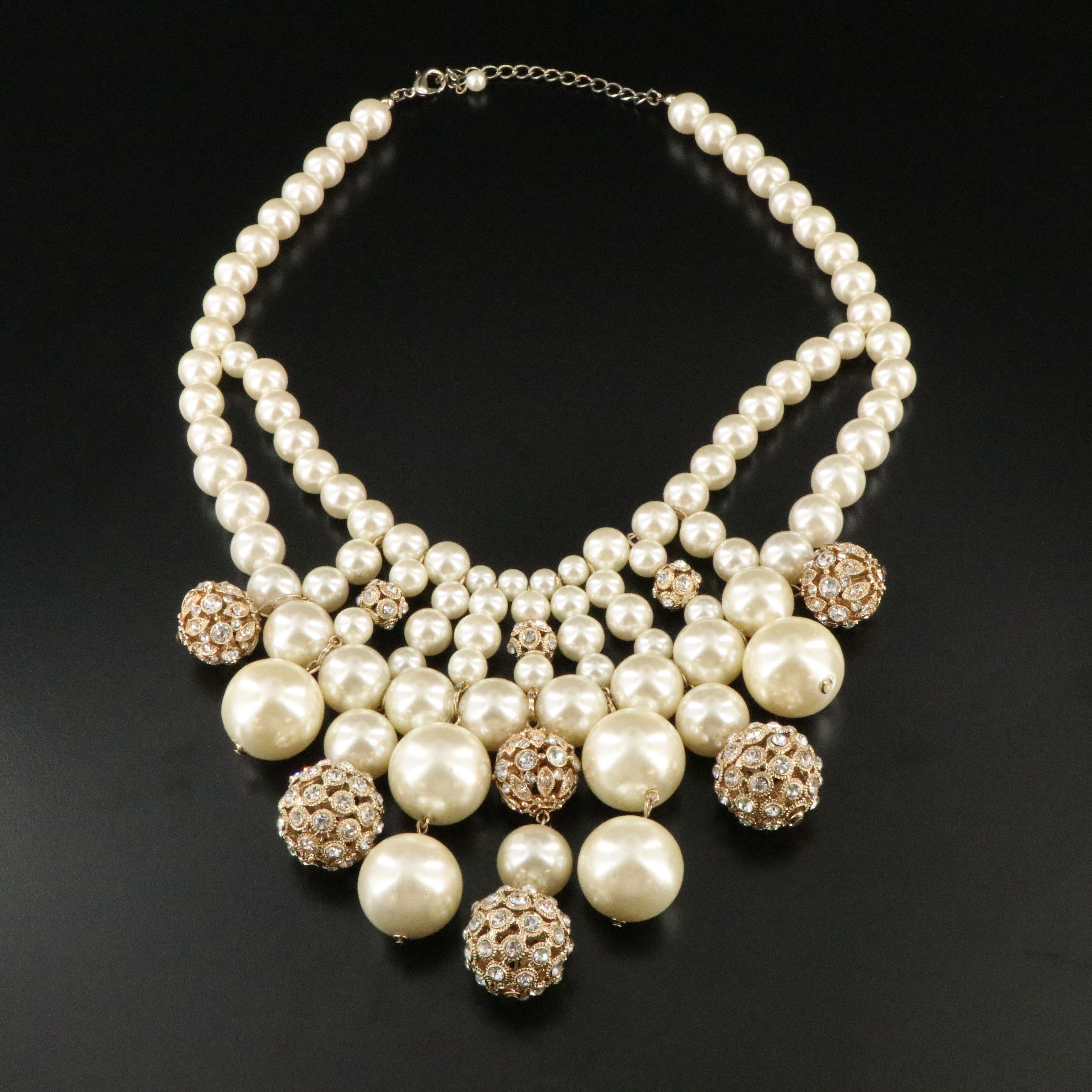 Faux Pearl and Rhinestone Globe Fringe Necklace