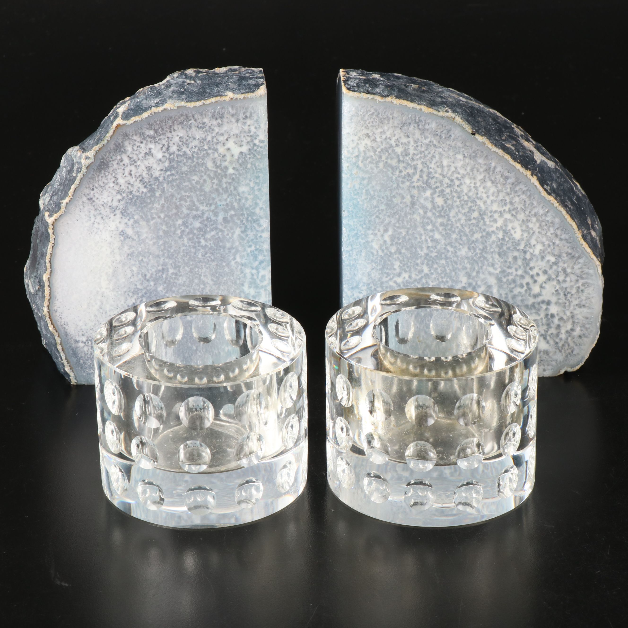 Oleg Cassini Bubble Crystal Candle Holders with Polished Agate Bookends