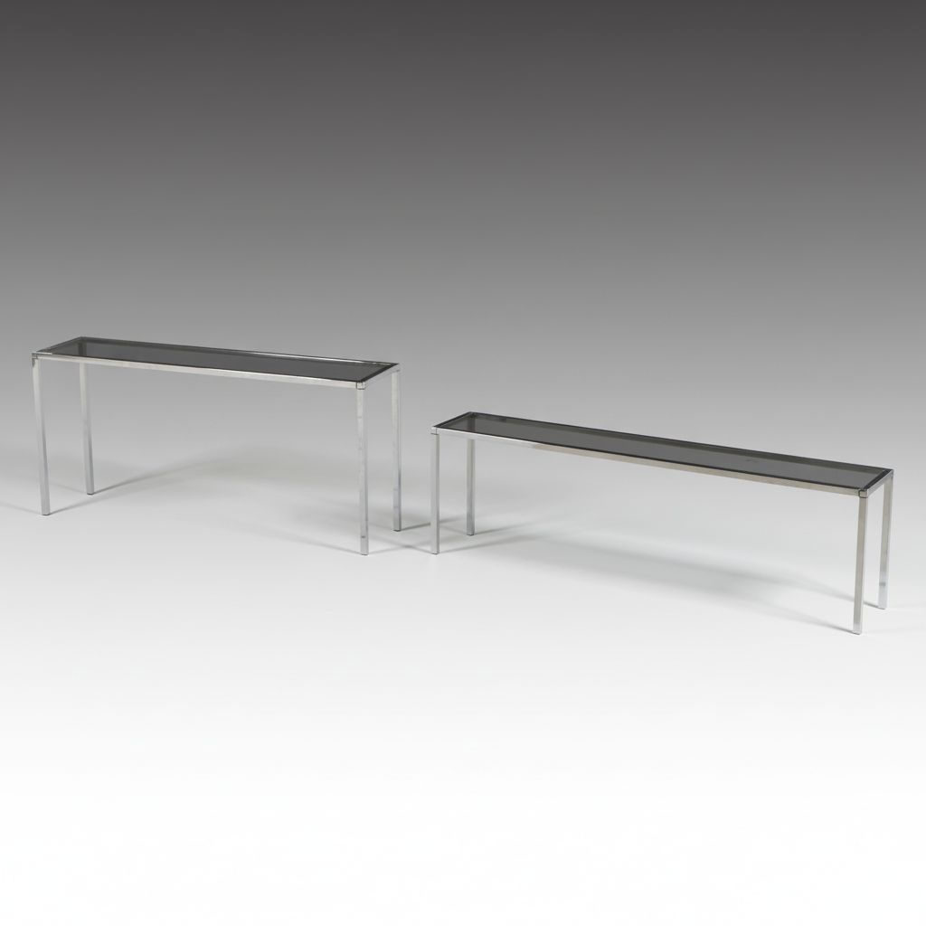 Pair of Mid Century Modern Style Chrome and Smoked Glass Console Tables