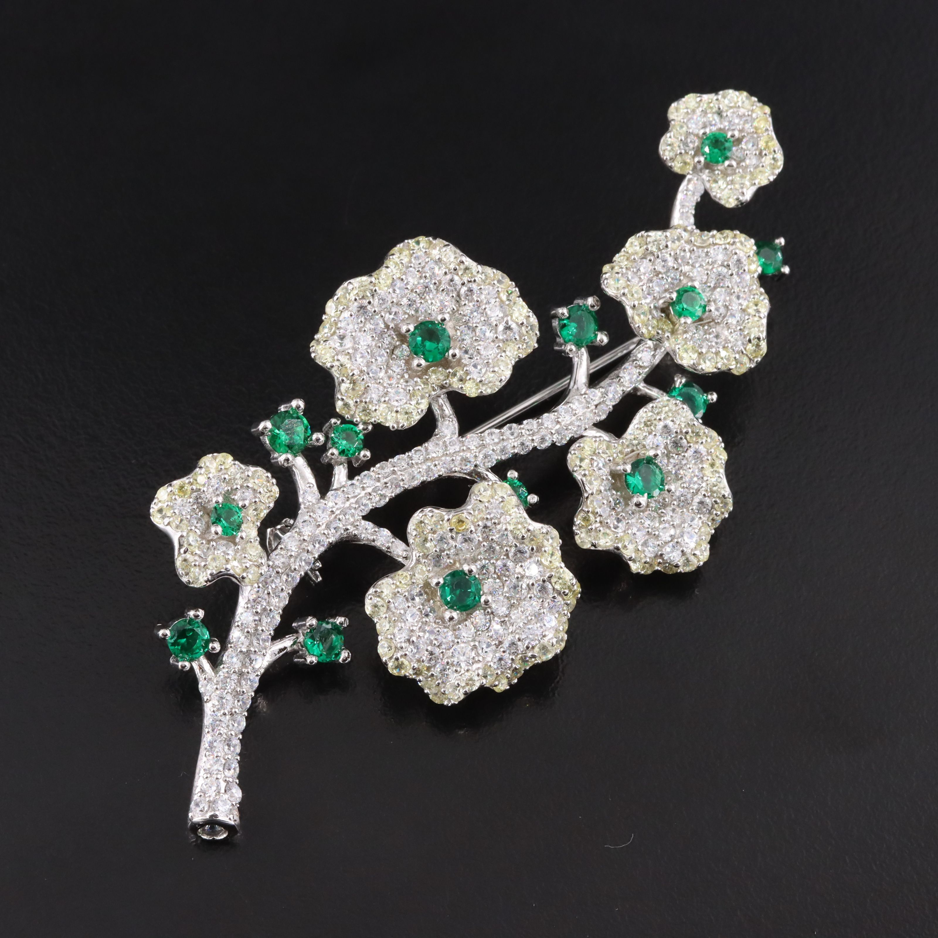 Sterling Green Glass and CZ Floral Vine Brooch