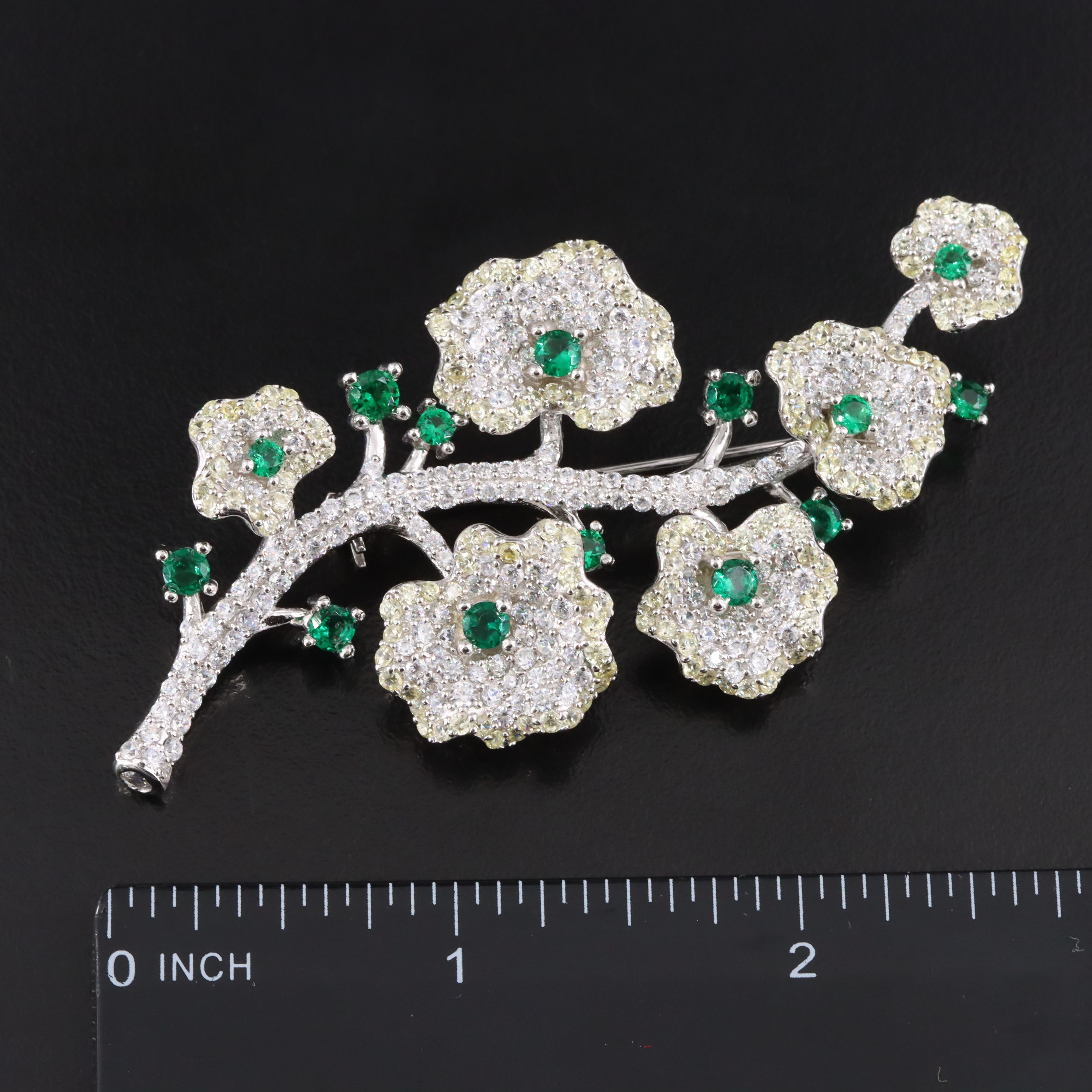 Sterling Green Glass and CZ Floral Vine Brooch