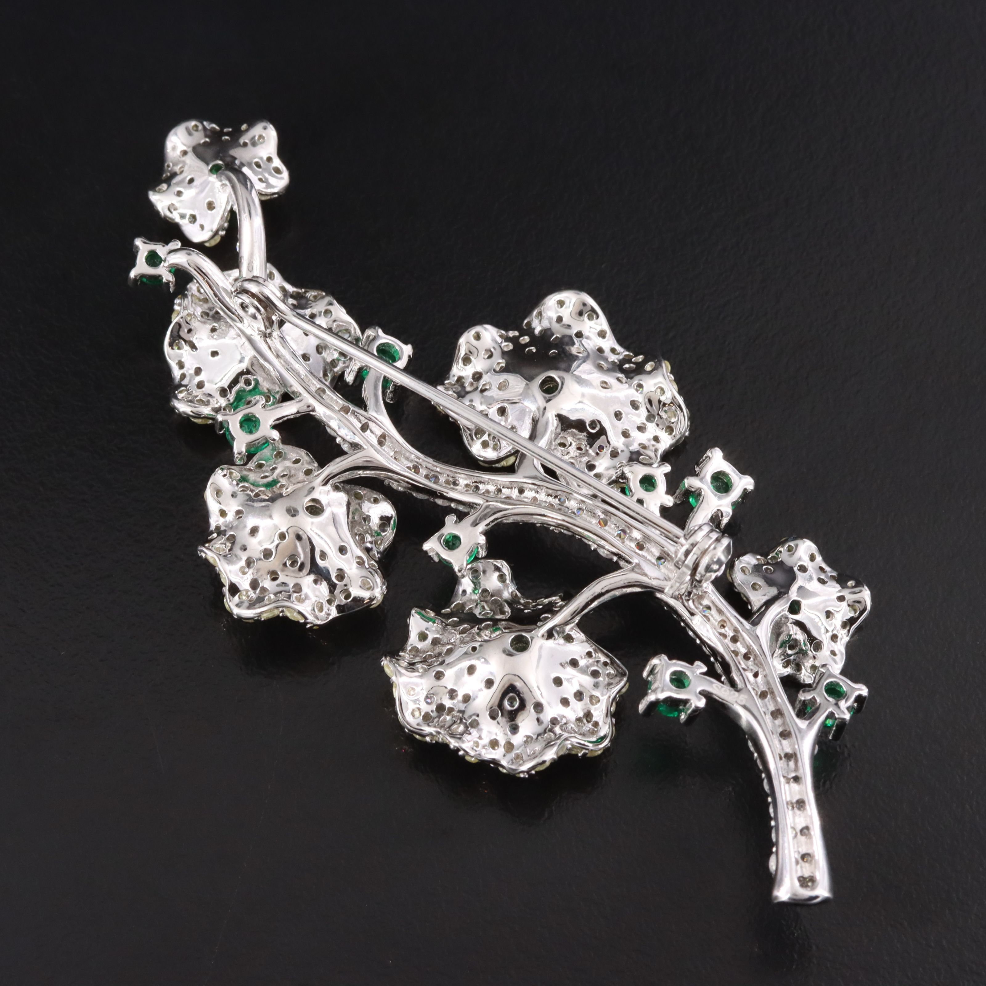Sterling Green Glass and CZ Floral Vine Brooch