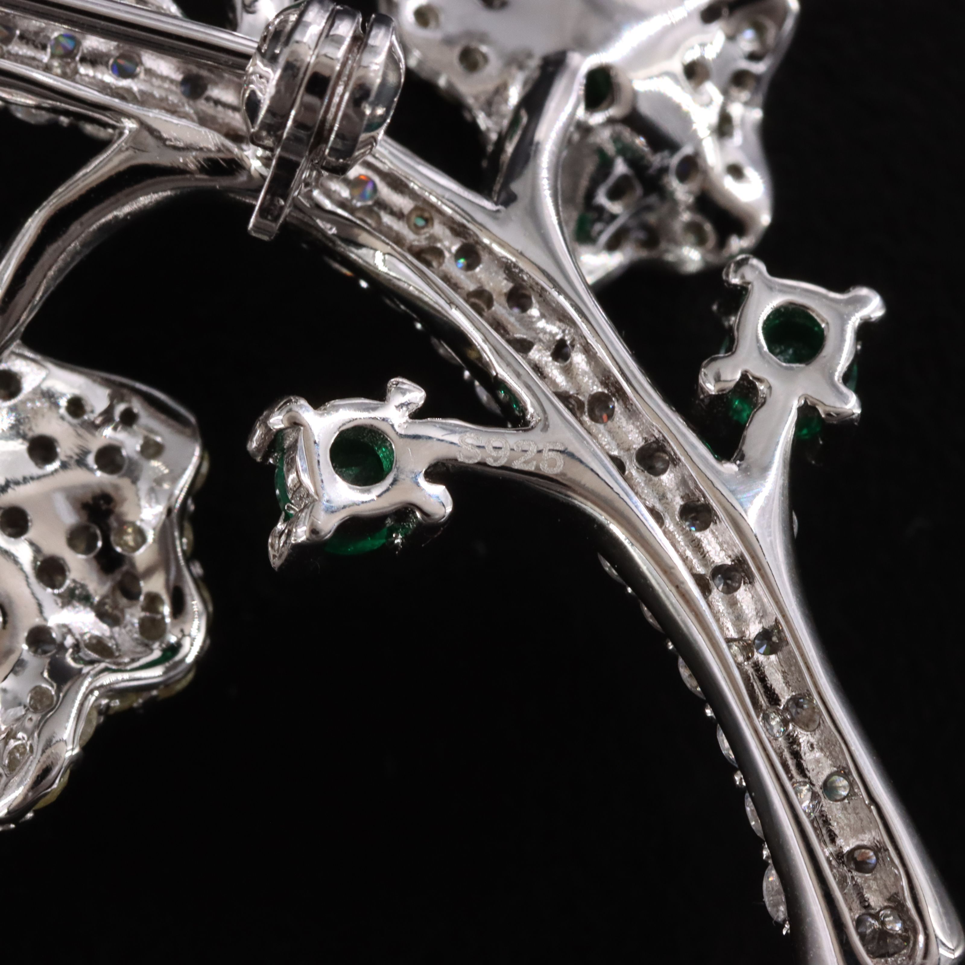 Sterling Green Glass and CZ Floral Vine Brooch