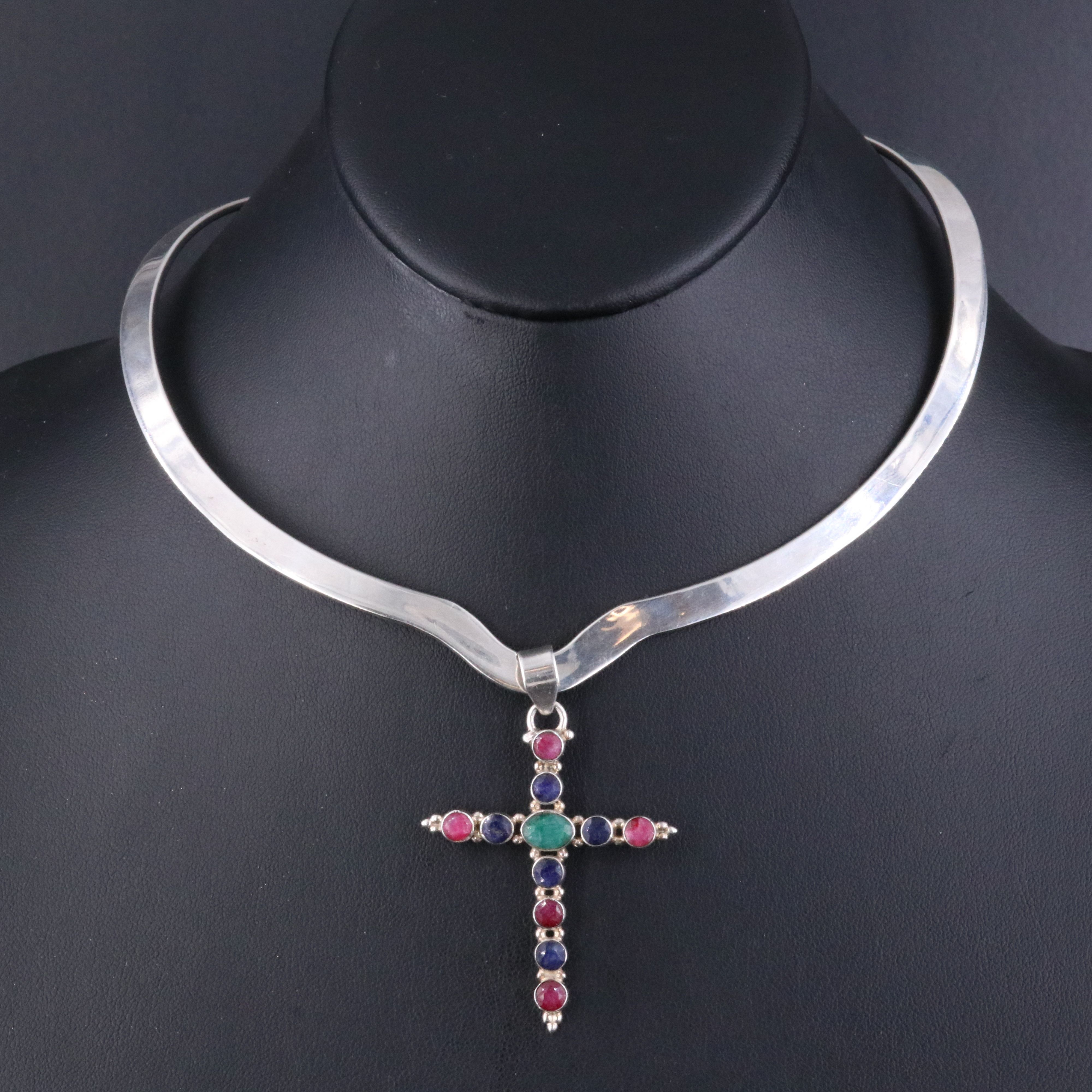 Sterling Corundum Cross Pendant with Torque Collar Necklace