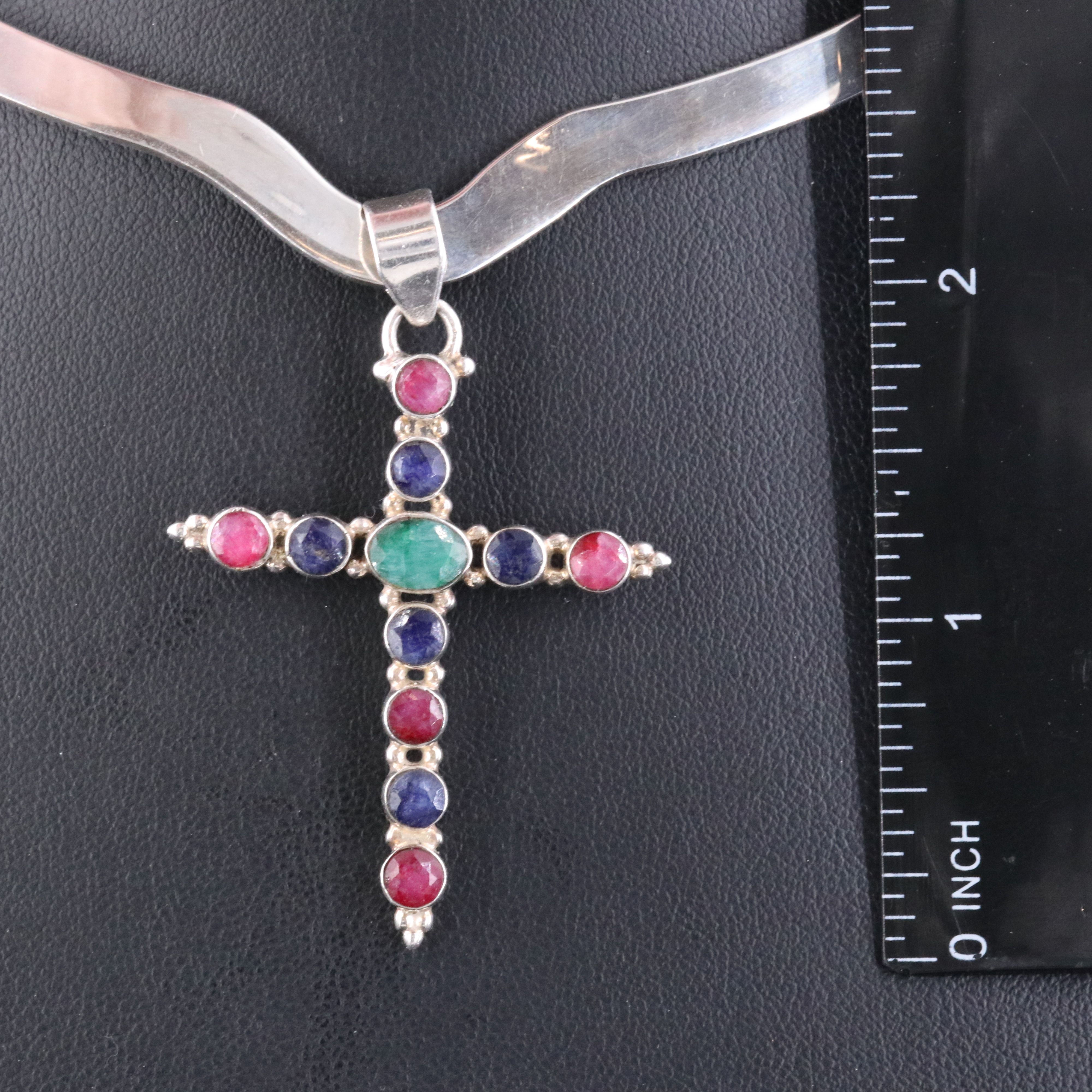 Sterling Corundum Cross Pendant with Torque Collar Necklace