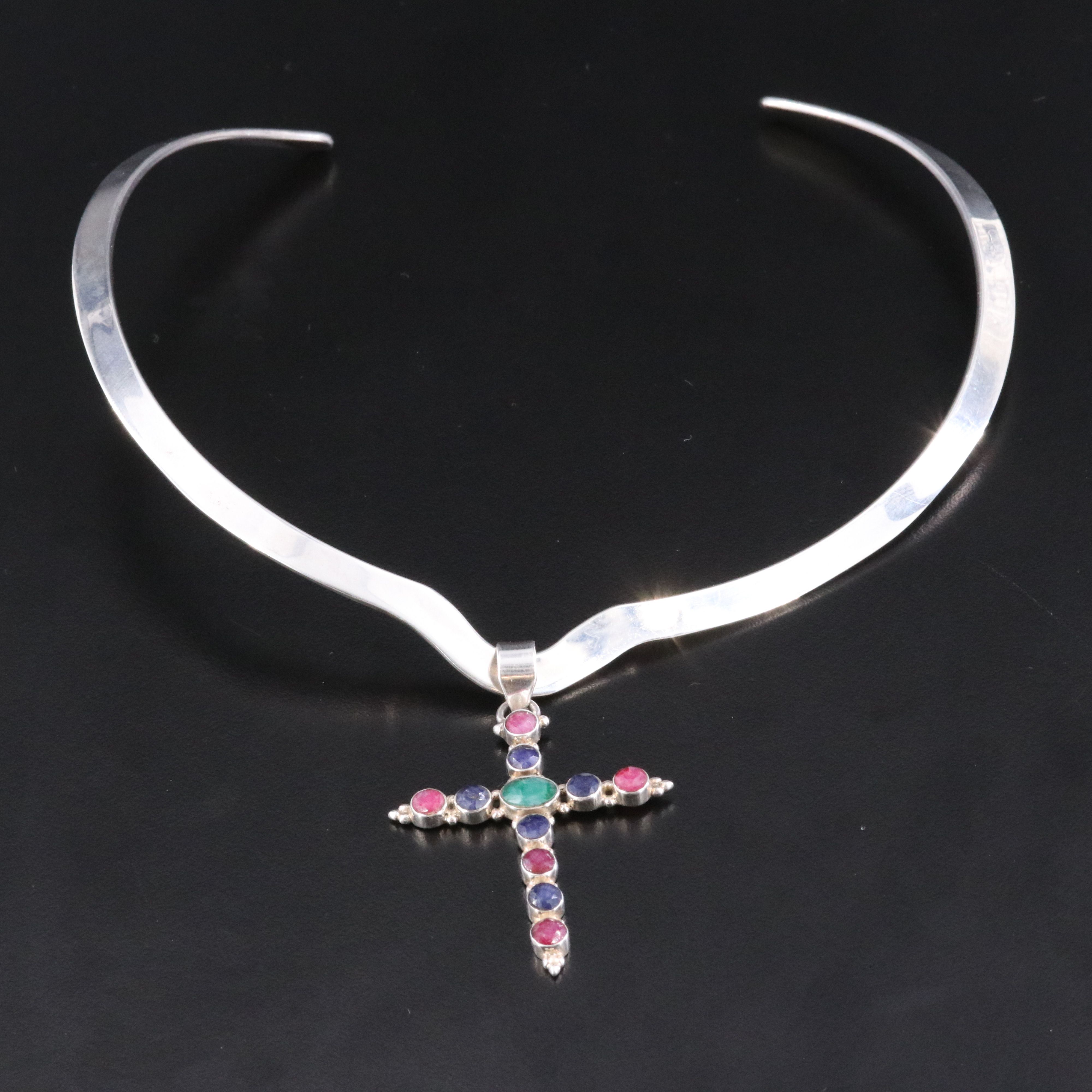 Sterling Corundum Cross Pendant with Torque Collar Necklace