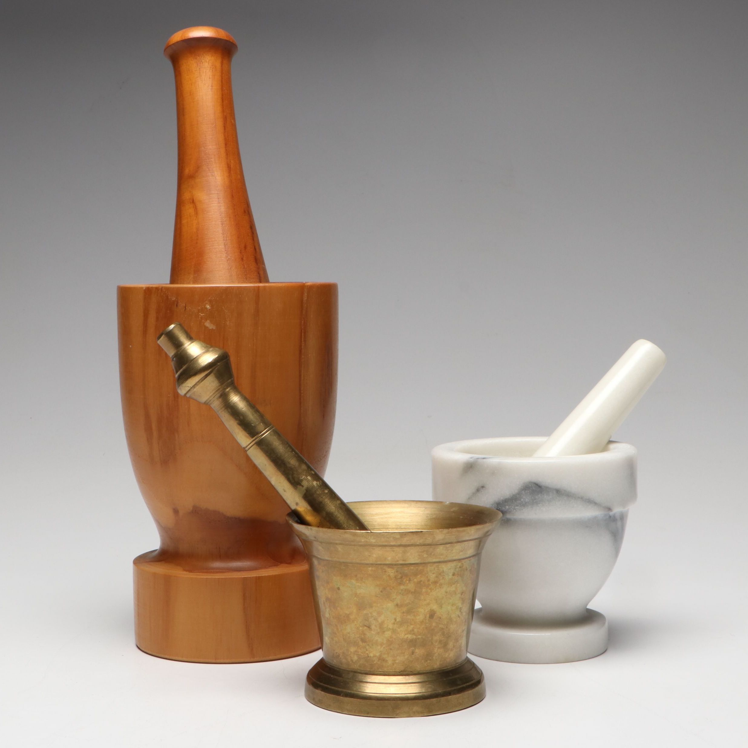Rosario Woodturning Teak with Other Brass and Marble Mortar and Pestles