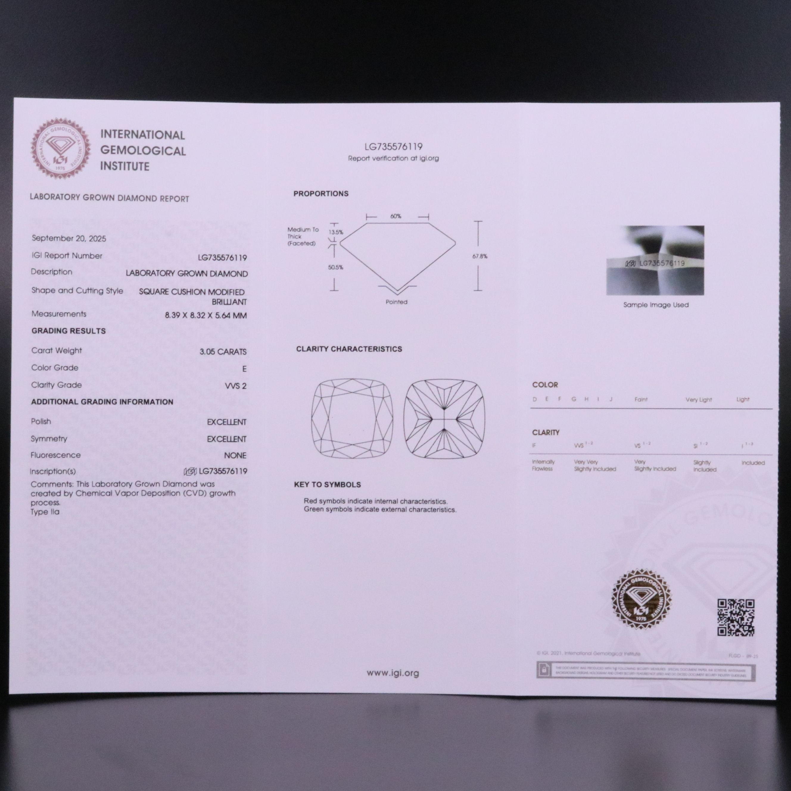 Loose 3.05 CT Lab Grown Diamond with IGI Report