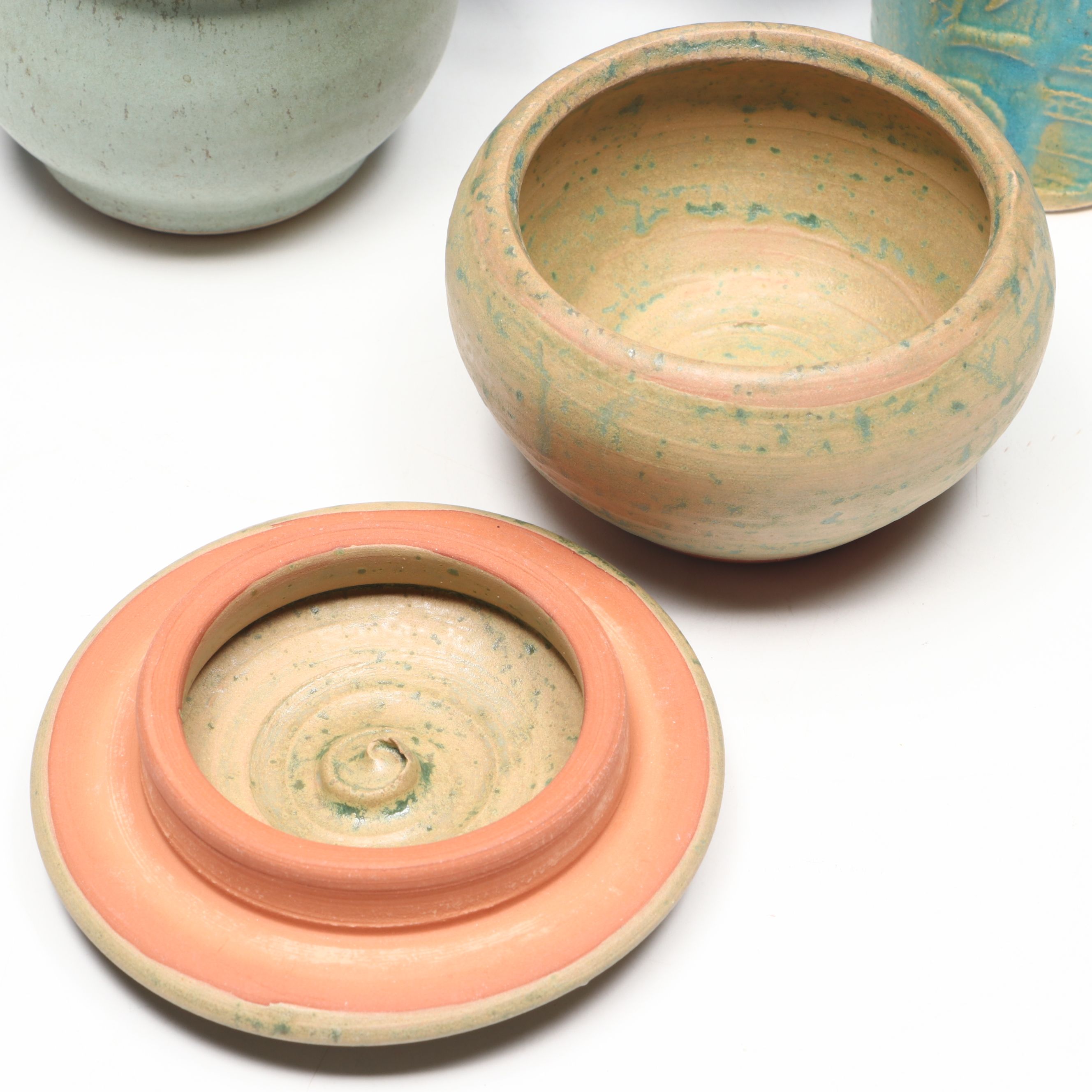 Rustic Italian Ceramic Basket with Other Studio Pottery Lidded Jars and Pitcher